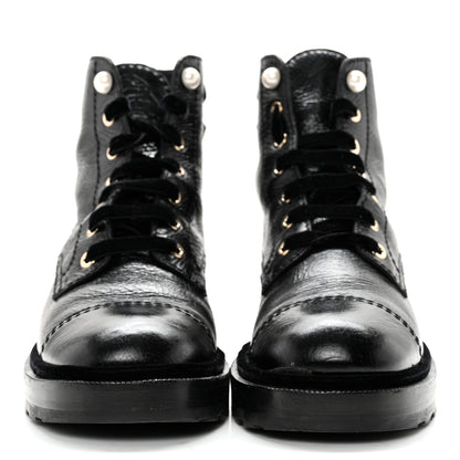 Chanel Shiny Calfskin Velvet Pearl Combat Short Boots 40 Black 2 of 13