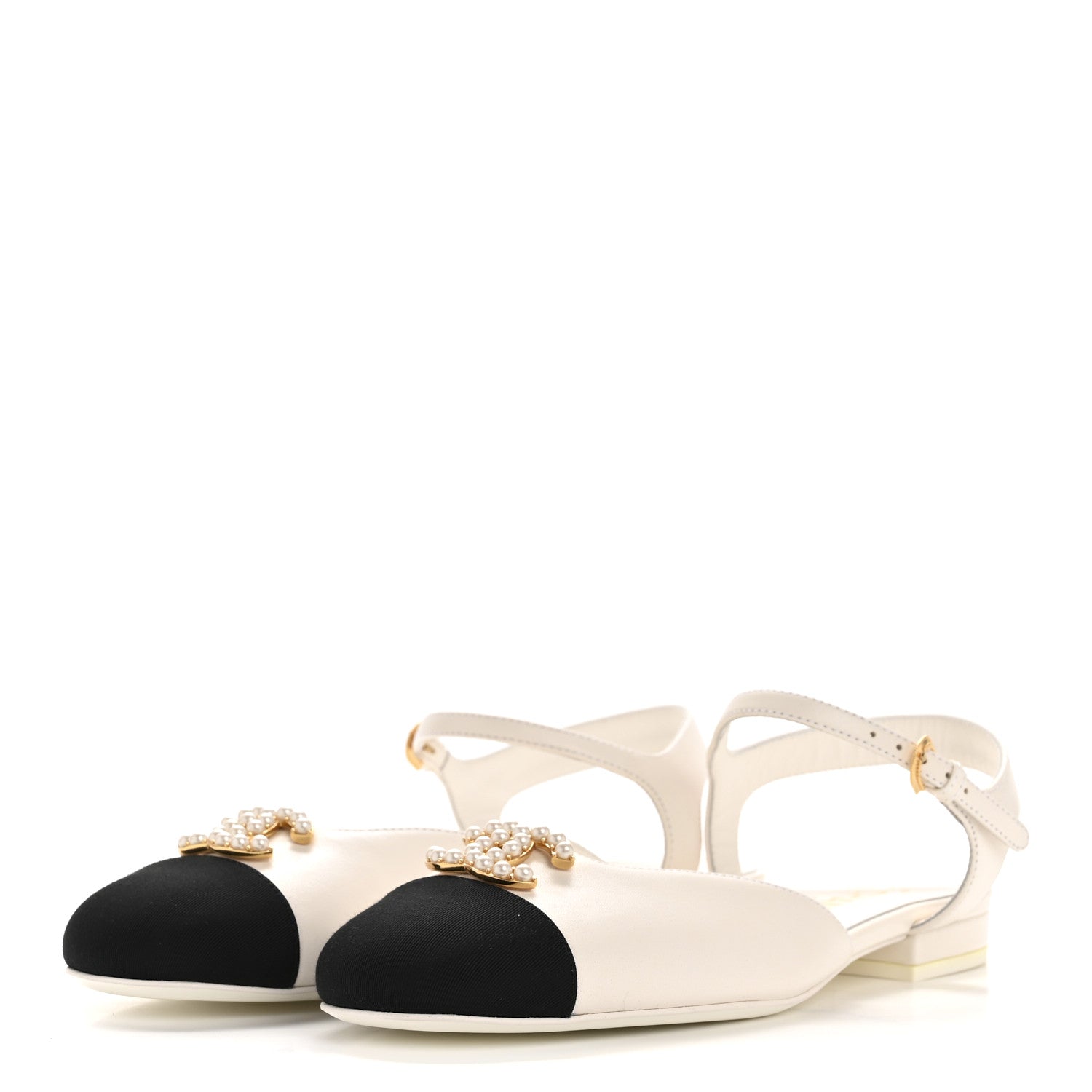 Chanel Lambskin Grosgrain Cap Toe Pearl CC Mary Jane Slingback Flats 38 Black White 4 of 10