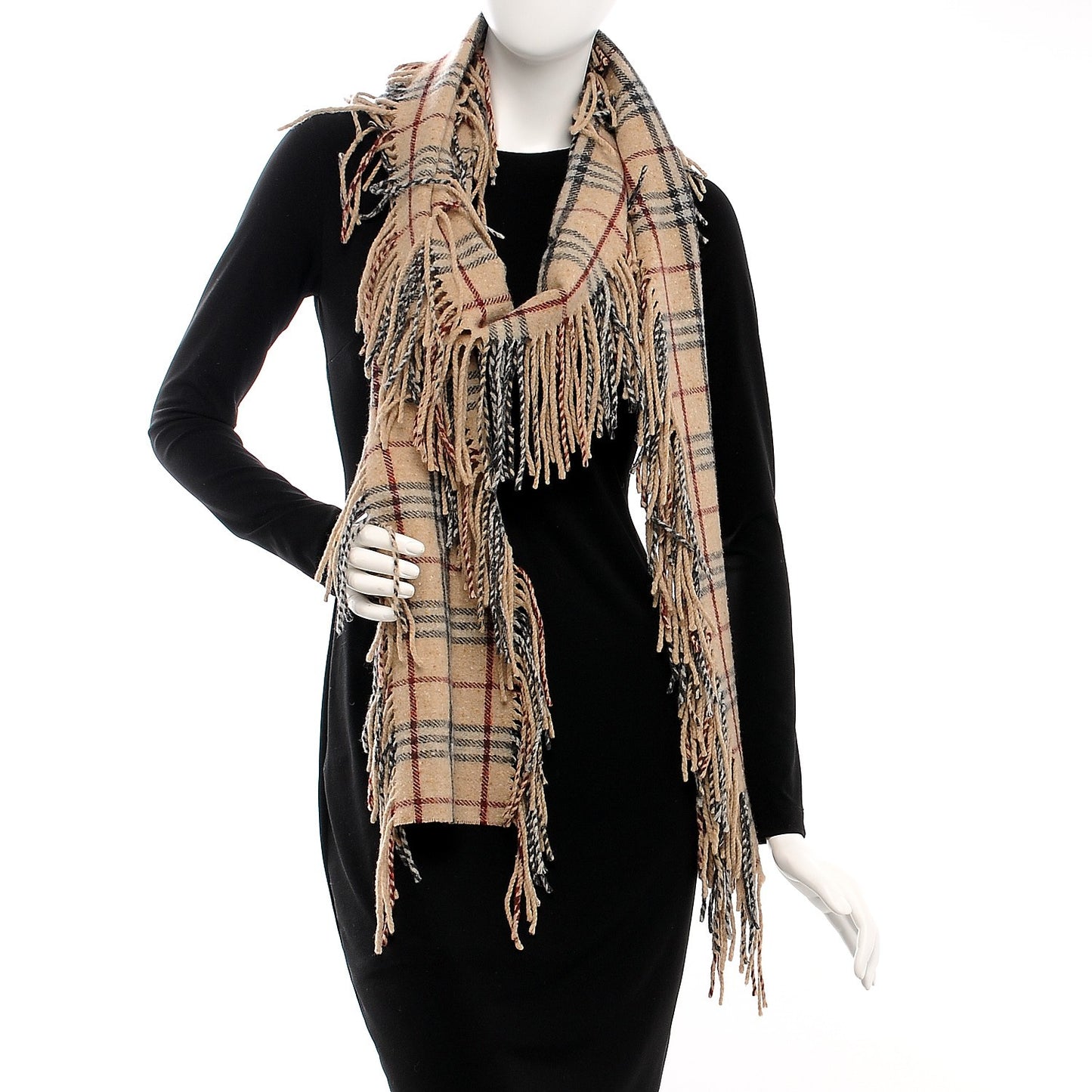 Wool Check Happy Fringe Scarf Beige
