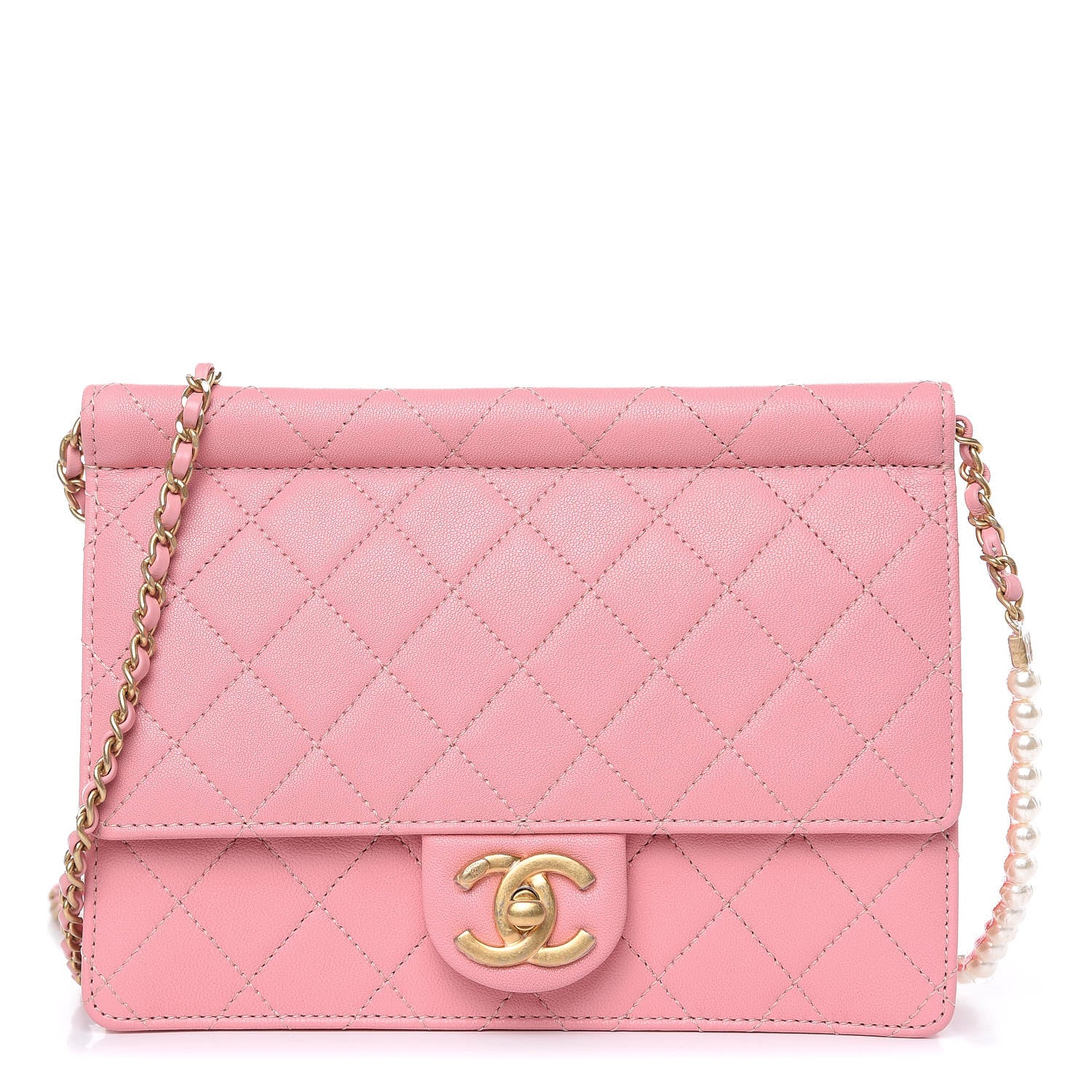 Chanel Lambskin Quilted Pearl Chain Flap Bag Pink 1 of 9