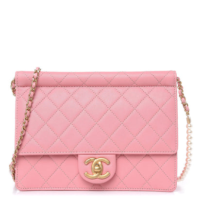 Chanel Lambskin Quilted Pearl Chain Flap Bag Pink 1 of 9