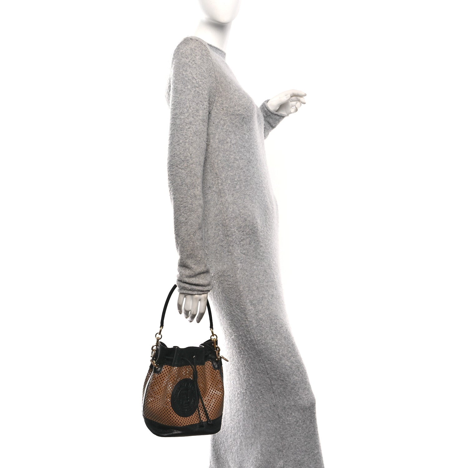 Fendi Vitello Liberty Glossy Lambskin F is Fendi Perforated Small Mon Tresor Bucket Bag Sand Mimosa Black 2 of 9