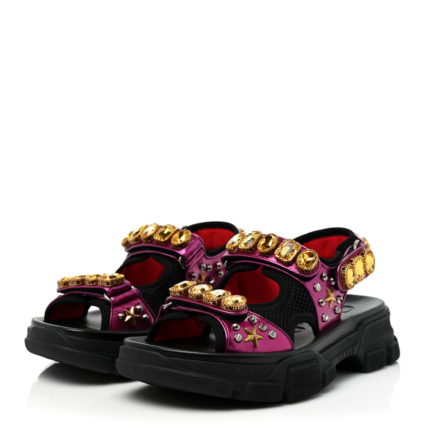 Nappa Mesh Crystal Embellished Studded Womens Aguru Sandals 36.5 Pink Black