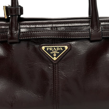 Prada Glossy Calfskin Triangle Medium Bonnie Shoulder Bag Dark Brown 7 of 9