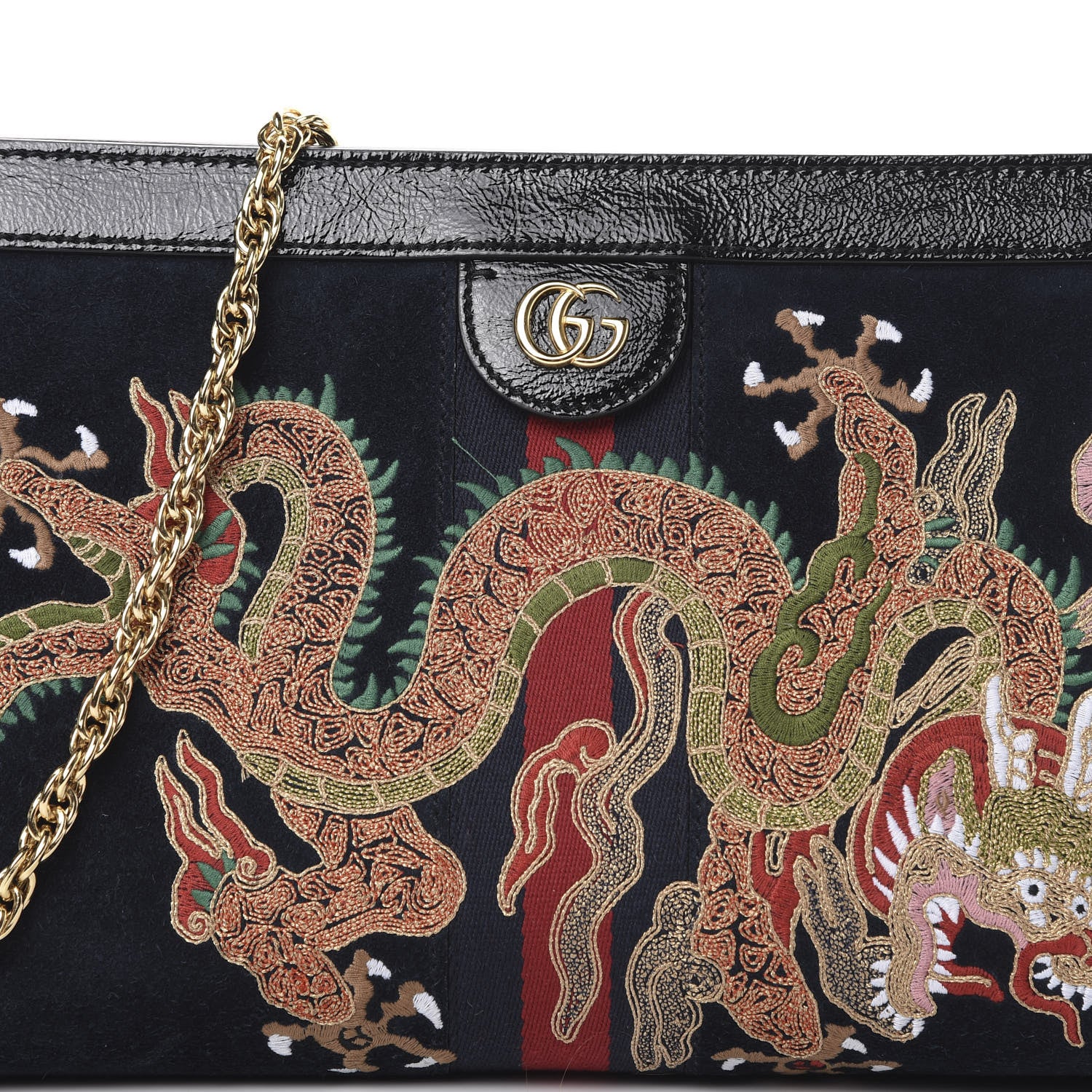 Gucci Suede Patent Web Dragon Embroidered Medium Ophidia Chain Shoulder Bag Blue Multicolor Black 8 of 14