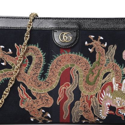 Gucci Suede Patent Web Dragon Embroidered Medium Ophidia Chain Shoulder Bag Blue Multicolor Black 8 of 14