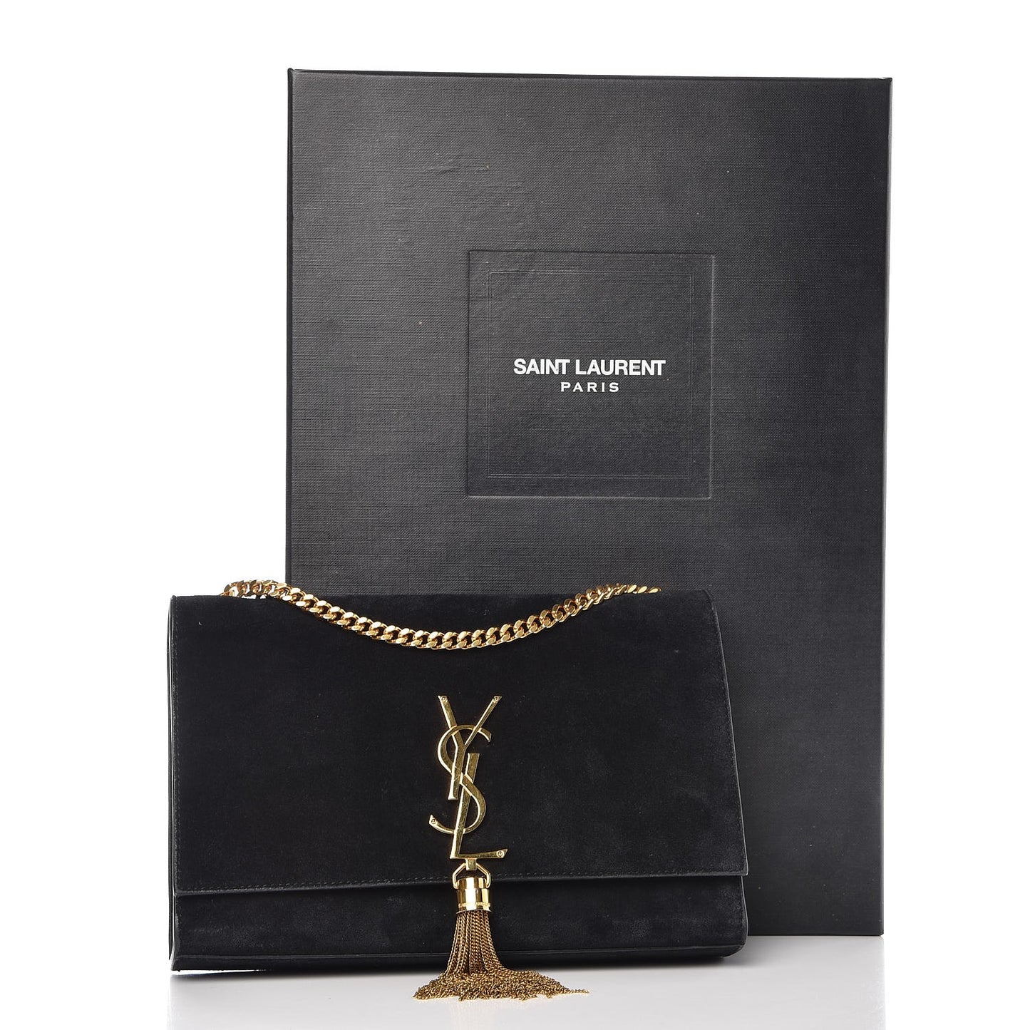 Suede Medium Classic Monogram Kate Tassel Satchel Black