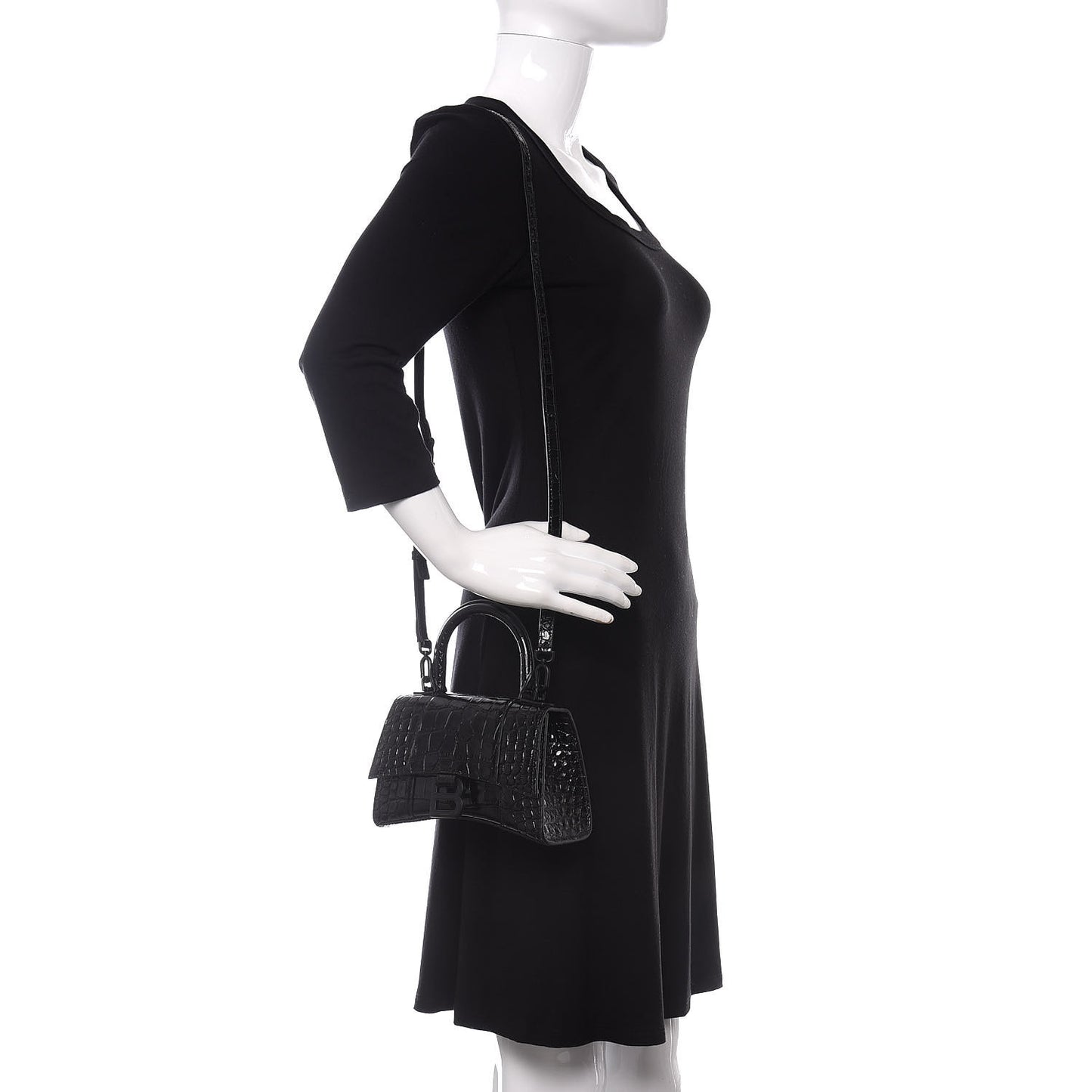 Shiny Calfskin Monochrome Crocodile Embossed Hourglass Top Handle Bag XS Black