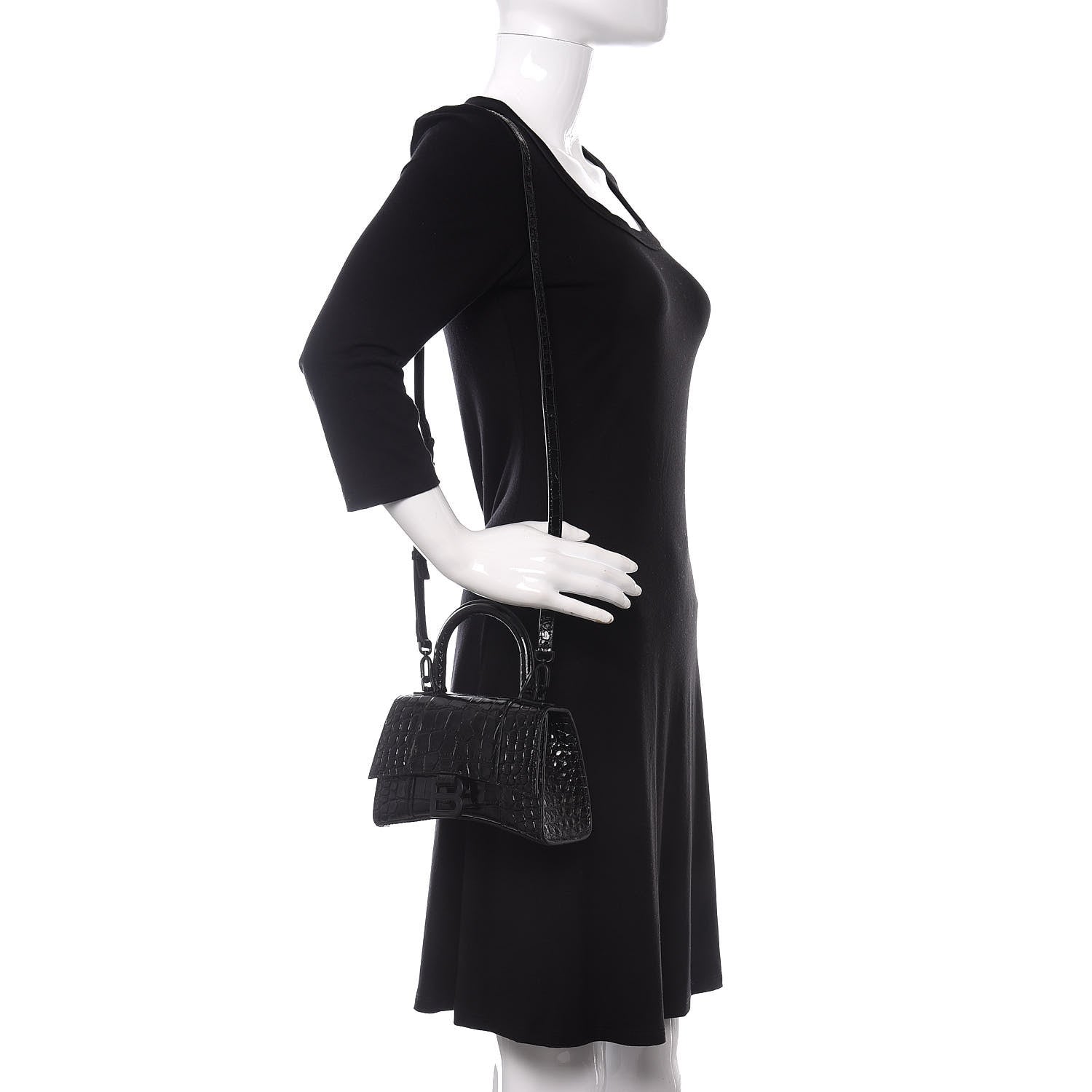 Balenciaga Shiny Calfskin Monochrome Crocodile Embossed Hourglass Top Handle Bag XS Black 2 of 9