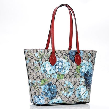 Gucci GG Supreme Monogram Blooms Medium Zippered Bucket Tote Beige Blue Navy Hibiscus Red 3 of 7