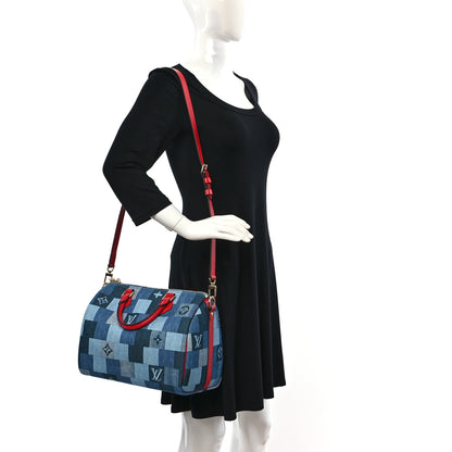 Louis Vuitton Denim Damier Monogram Patchwork Speedy Bandouliere 30 Blue Rouge 2 of 9