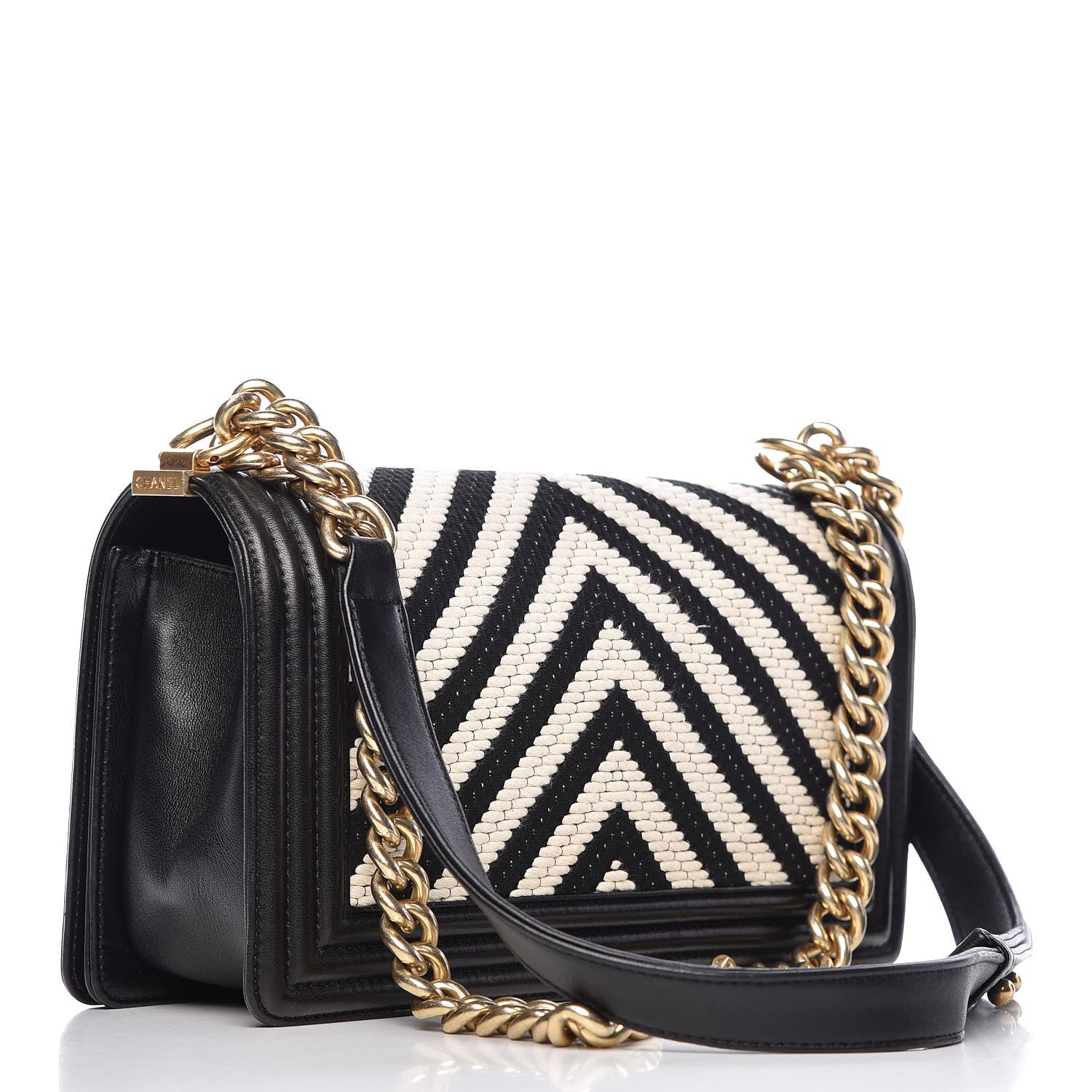 Chanel Fabric Chevron Braided Medium Boy Flap Black White 3 of 10