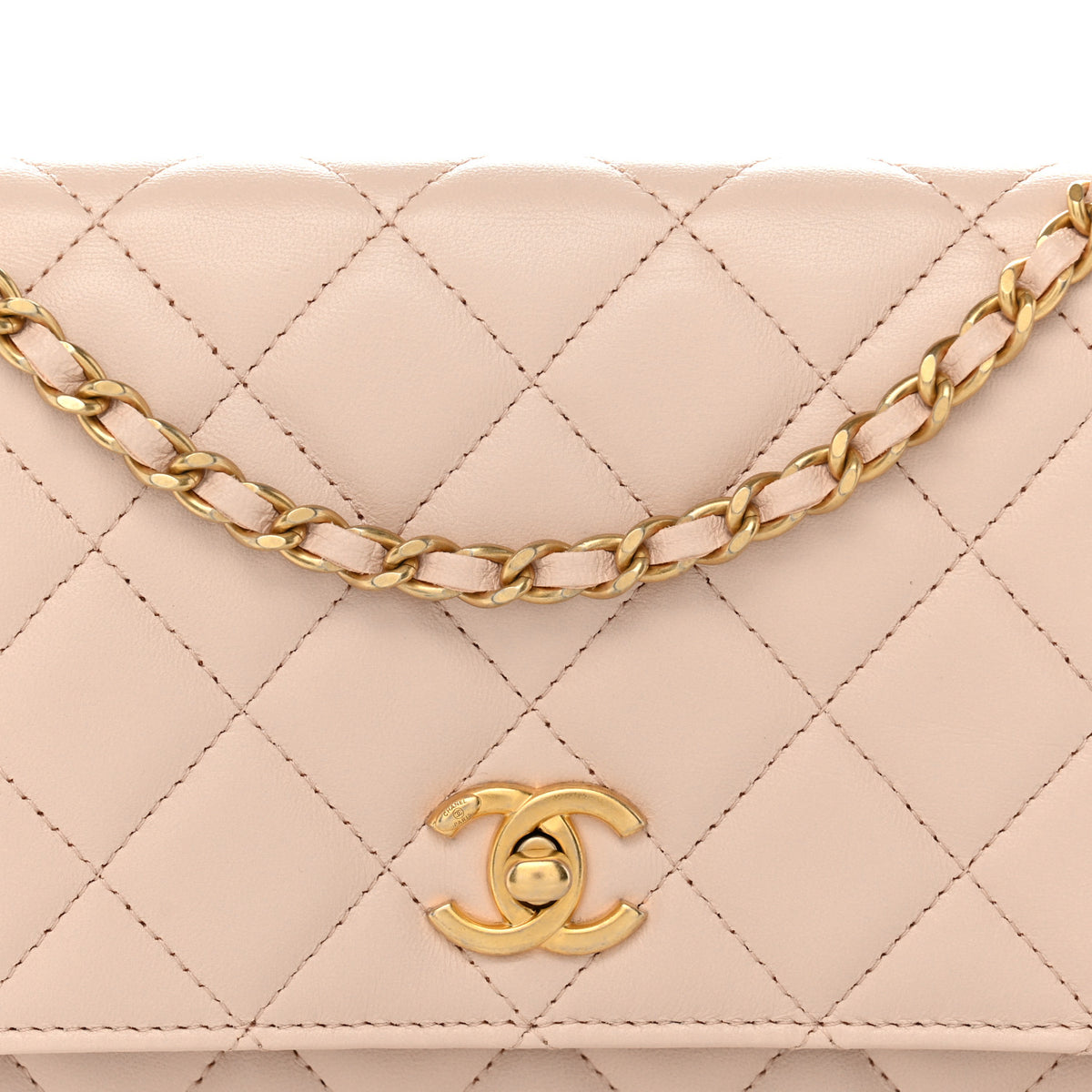 Lambskin Quilted CC Pearl Crush Wallet on Chain WOC Light Beige