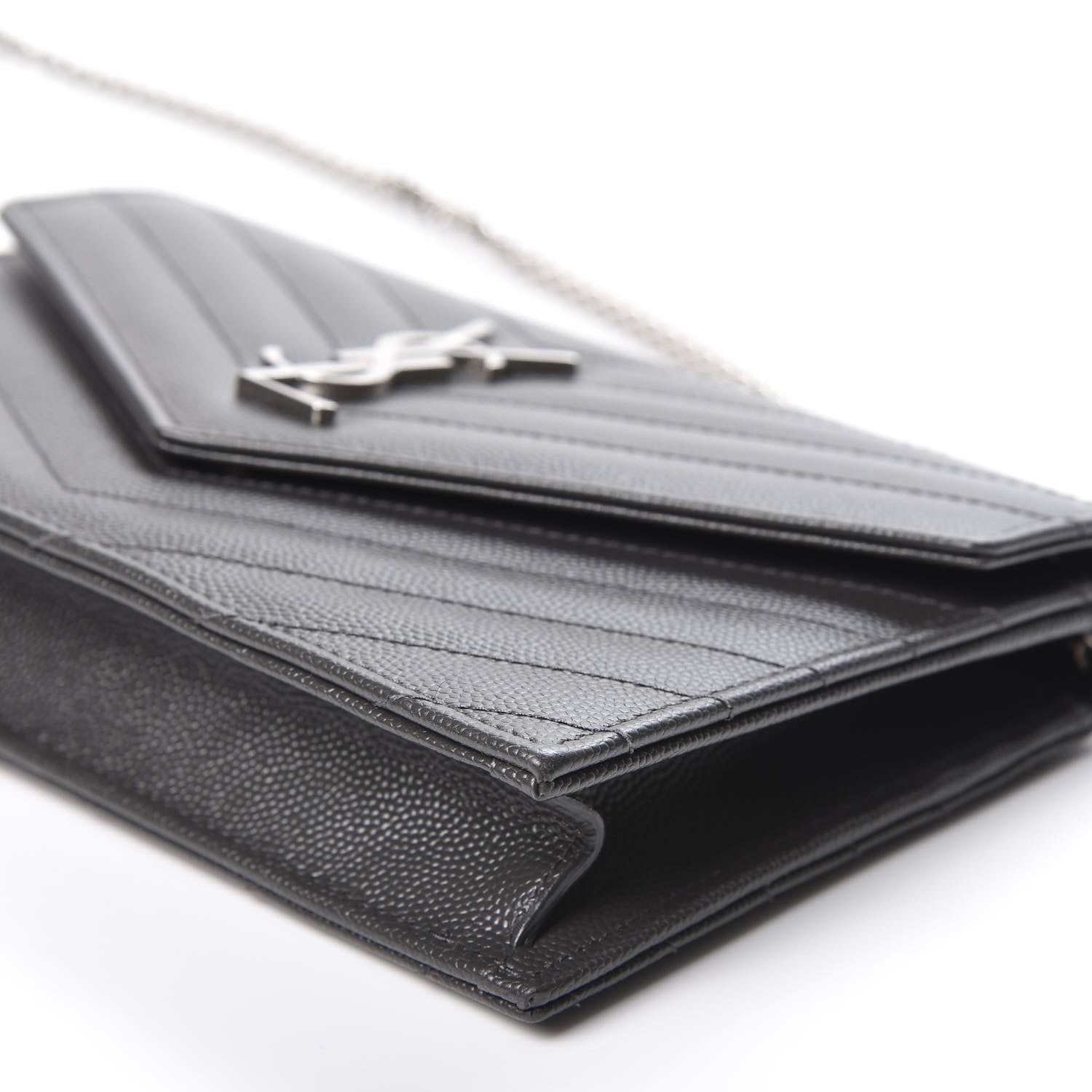 Saint Laurent Grain De Poudre Matelasse Chevron Monogram Envelope Chain Wallet Coal 6 of 9