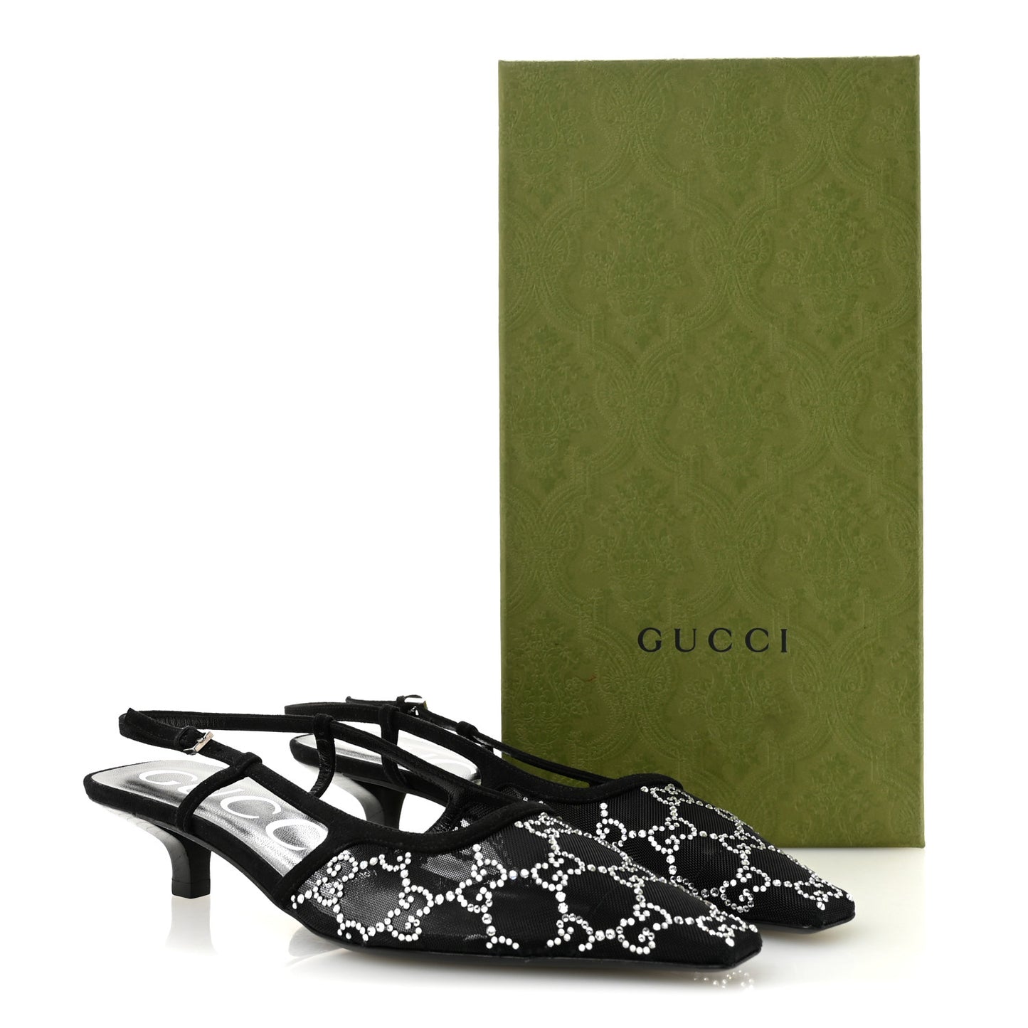 Tela Retino Kid Scamosciato Crystal GG Monogram Square G 35mm Slingback Pumps 37 Black