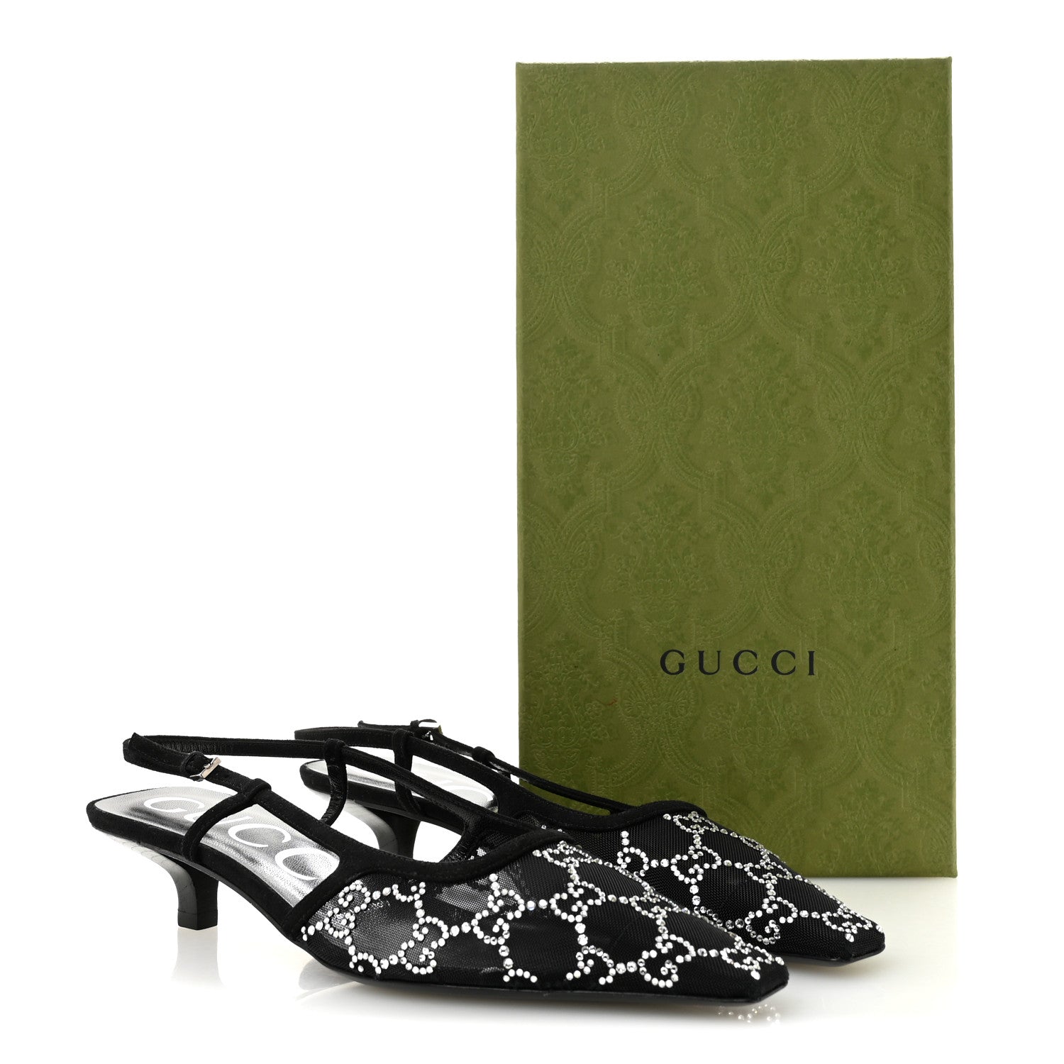 Gucci Tela Retino Kid Scamosciato Crystal GG Monogram Square G 35mm Slingback Pumps 37 Black 9 of 9