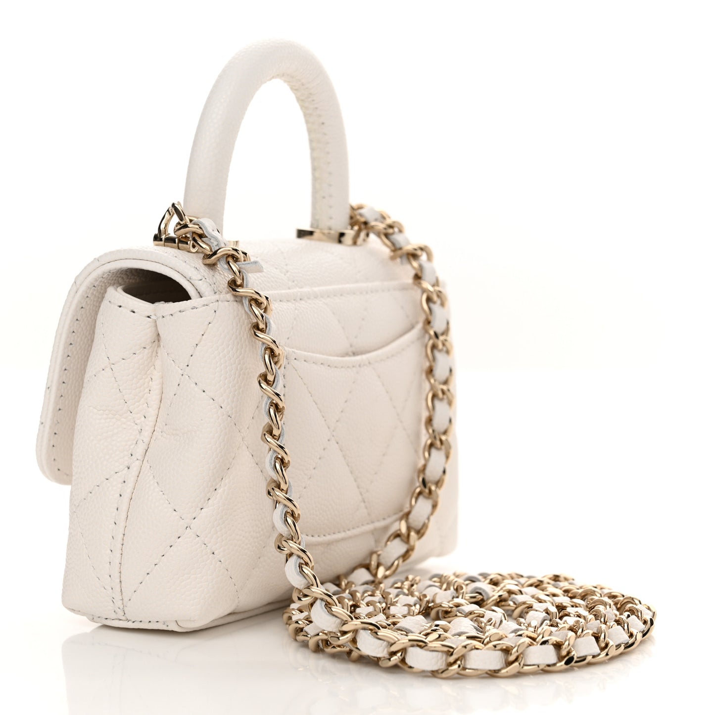 Caviar Quilted Nano Coco Handle Clutch With Chain White