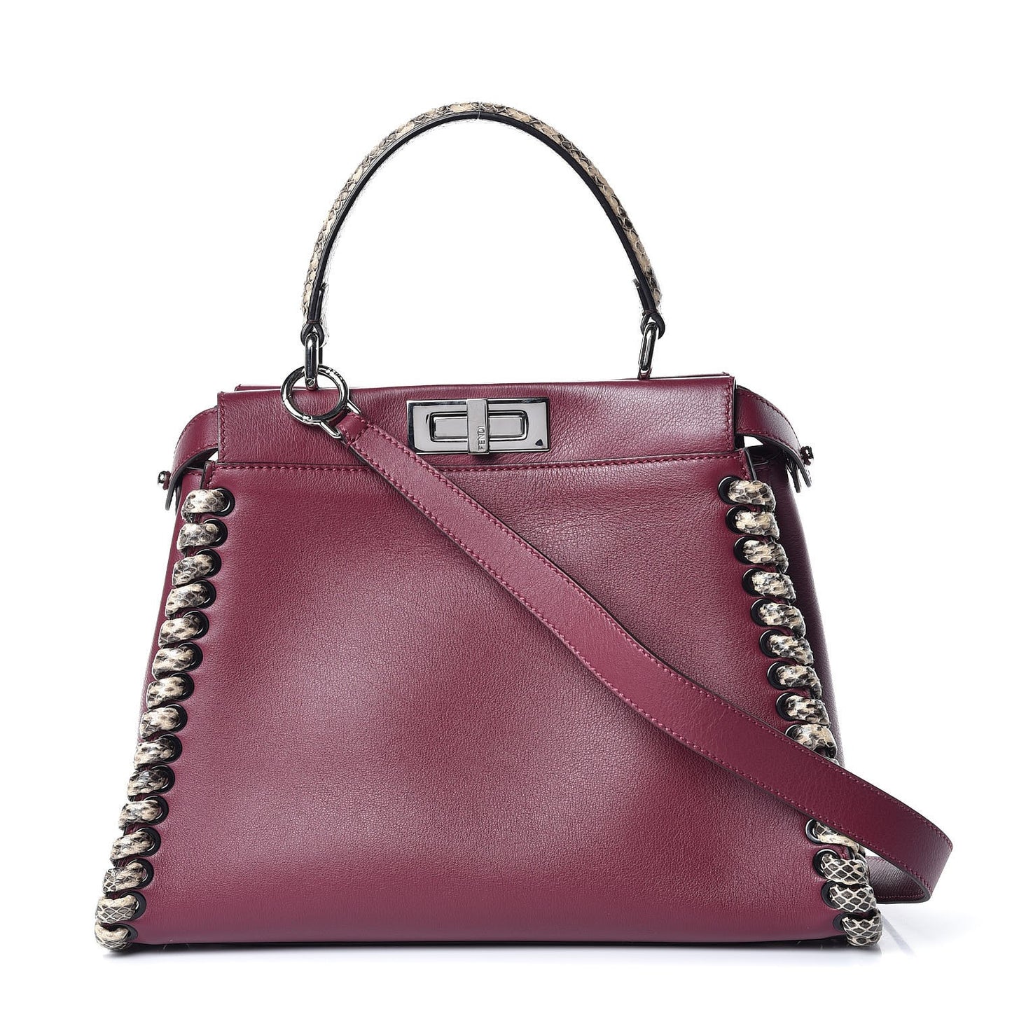 Calfskin Elaphe Lace Up Medium Peekaboo Iconic Satchel Bordeaux Beige Verde