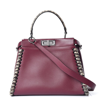 Fendi Calfskin Elaphe Lace Up Medium Peekaboo Iconic Satchel Bordeaux Beige Verde 1 of 9