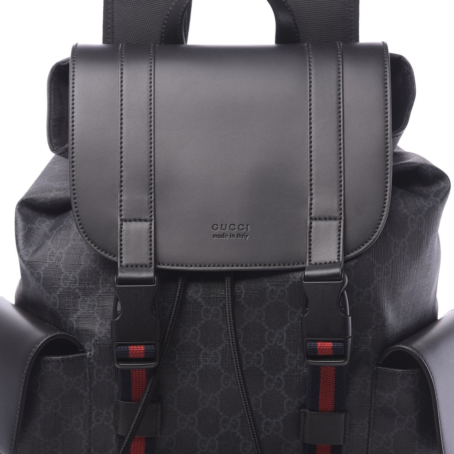 Soft GG Supreme Monogram Appia Calfskin Web Double Buckle Backpack Black