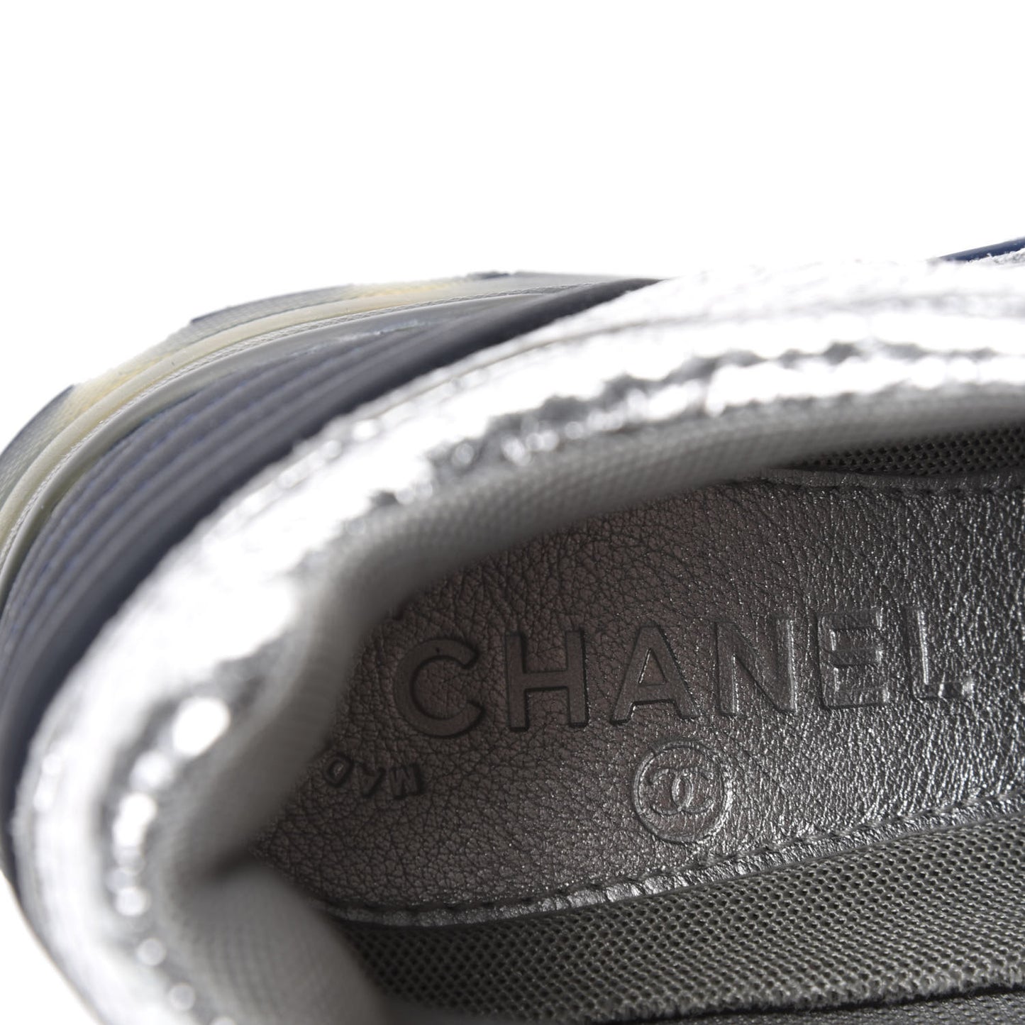 Metallic Crackled Calfskin CC Sneakers 36.5 Silver Black Navy