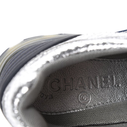 Chanel Metallic Crackled Calfskin CC Sneakers 36.5 Silver Black Navy 8 of 9