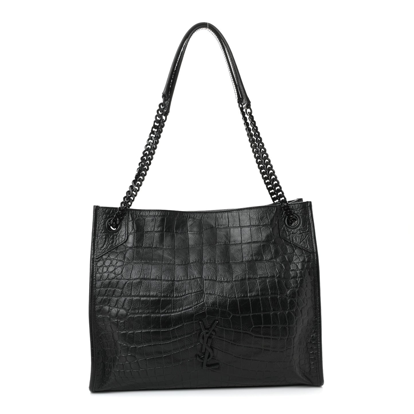 Calfskin Crocodile Embossed Monogram Medium Niki Shopping Bag Black