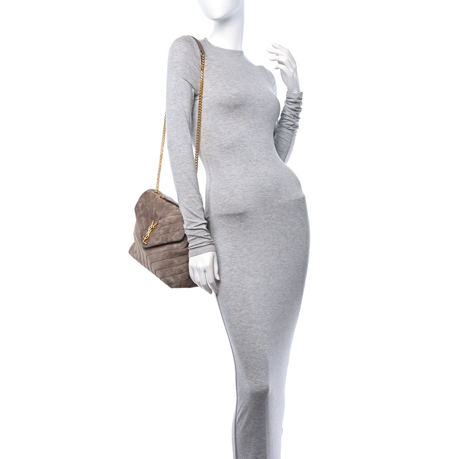 Saint Laurent Suede Y Quilted Monogram Medium Loulou Chain Satchel Taupe 2 of 10
