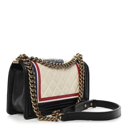 Chanel Calfskin Quilted Crest Embellished Medium Boy Flap Black White Blue 3 of 11