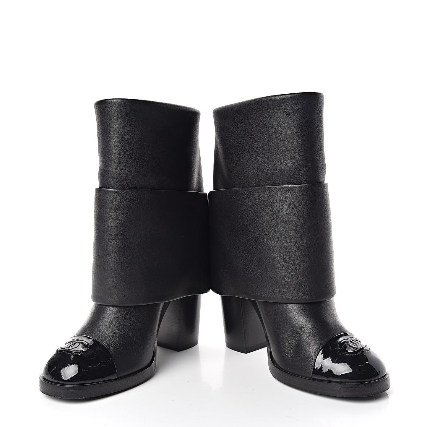Calfskin CC Cap Toe Fold Over Boots 36.5 Black