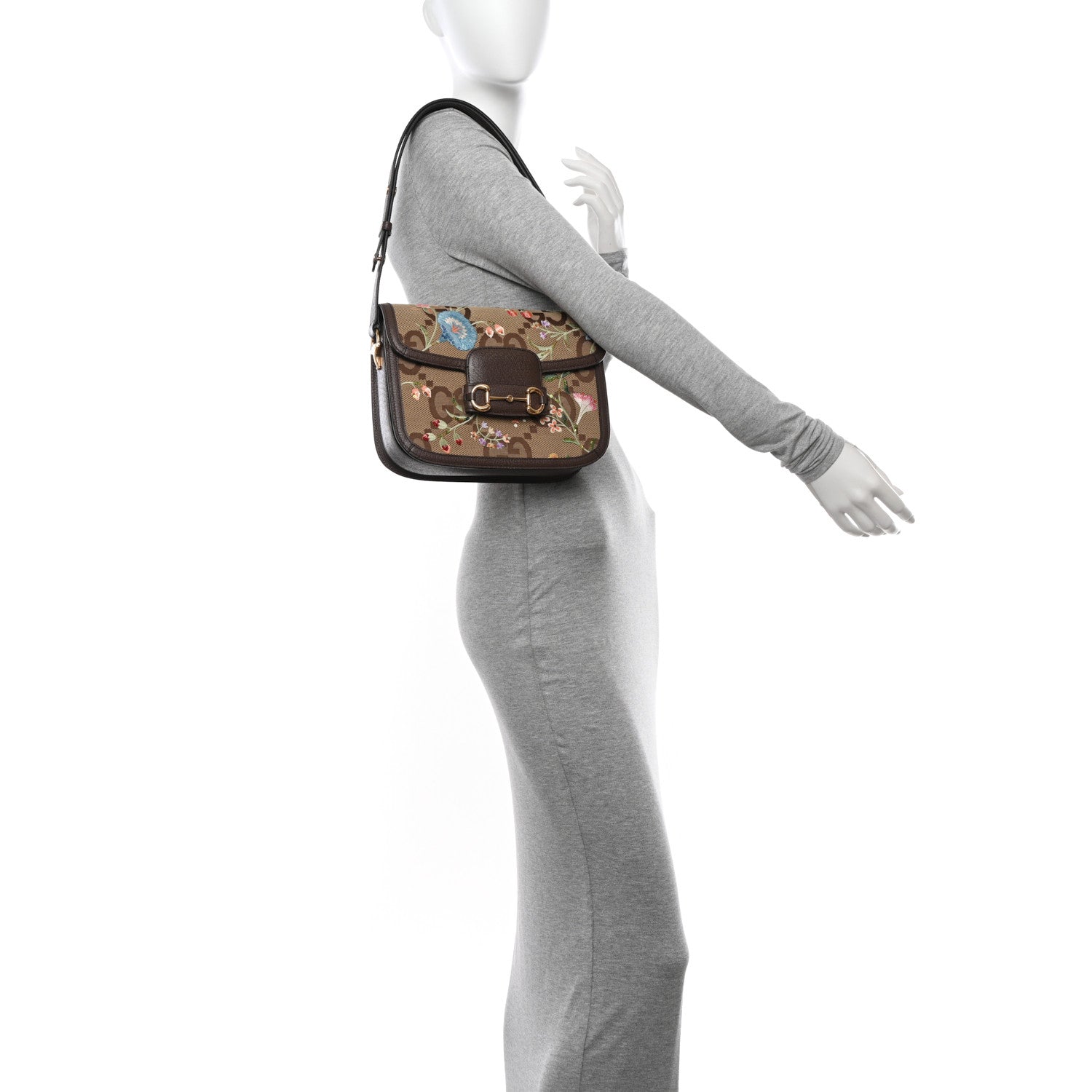 Gucci Monogram Jumbo GG Textured Dollar Calfskin Embroidered Horsebit 1955 Shoulder Bag Camel Ebony New Acero Multicolor 3 of 10