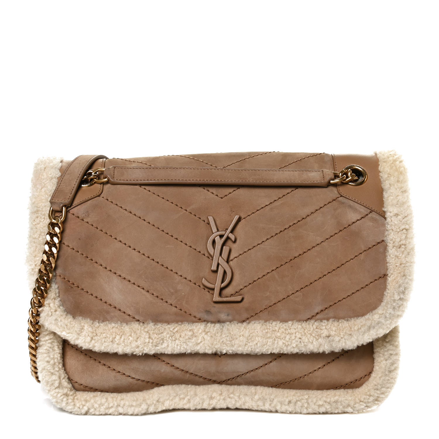 Saint Laurent Nubuck Shearling Monogram Medium Niki Chain Satchel Ivory Natural Tan 1 of 11