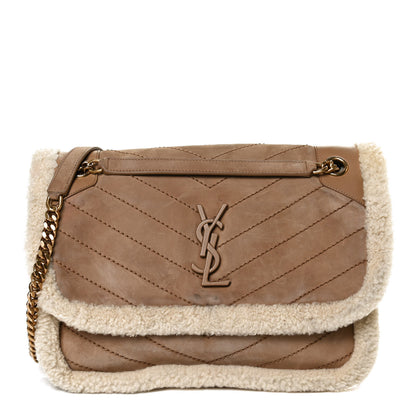 Saint Laurent Nubuck Shearling Monogram Medium Niki Chain Satchel Ivory Natural Tan 1 of 11
