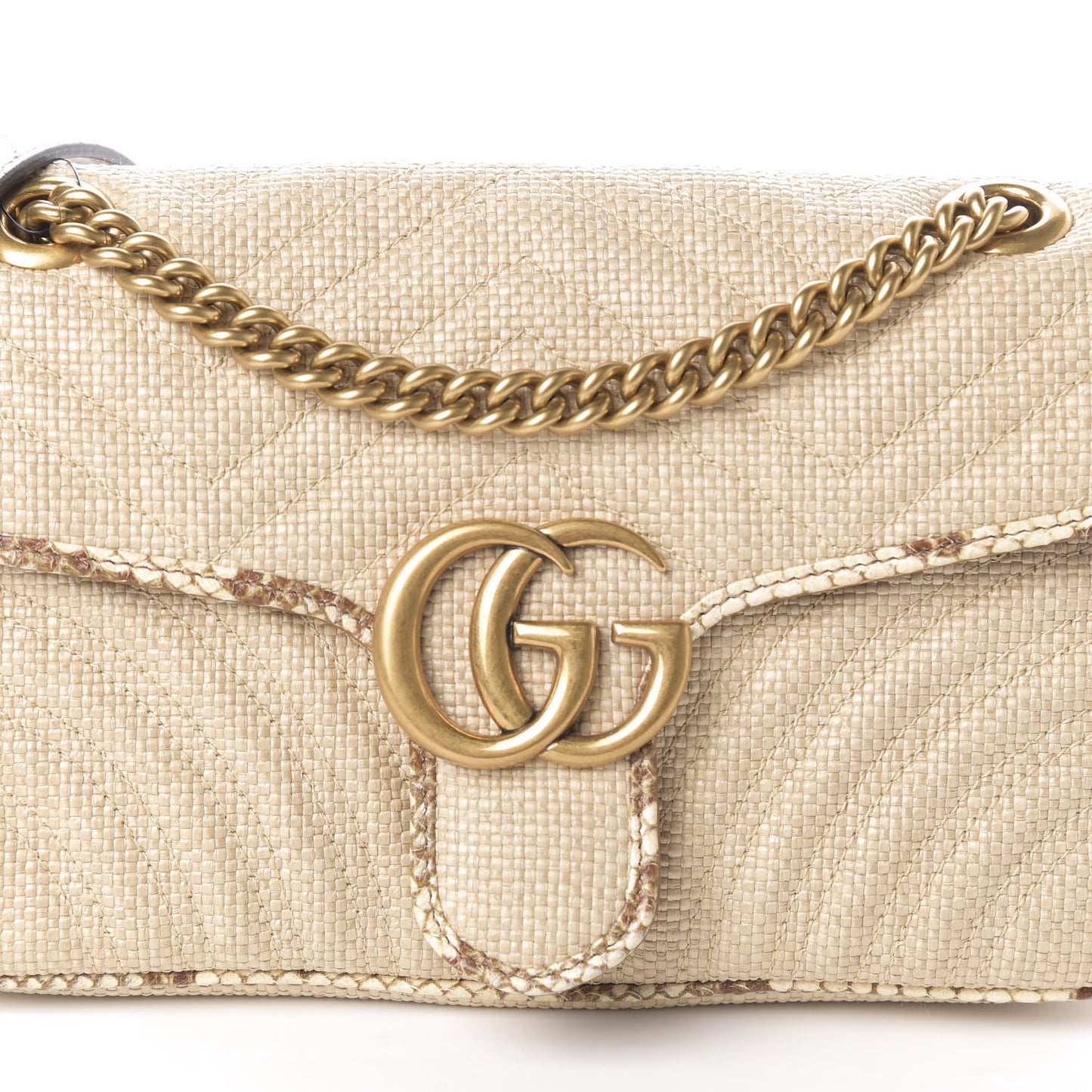 Raffia Elaphe Matelasse Small GG Marmont Shoulder Bag Natural Cream Brown