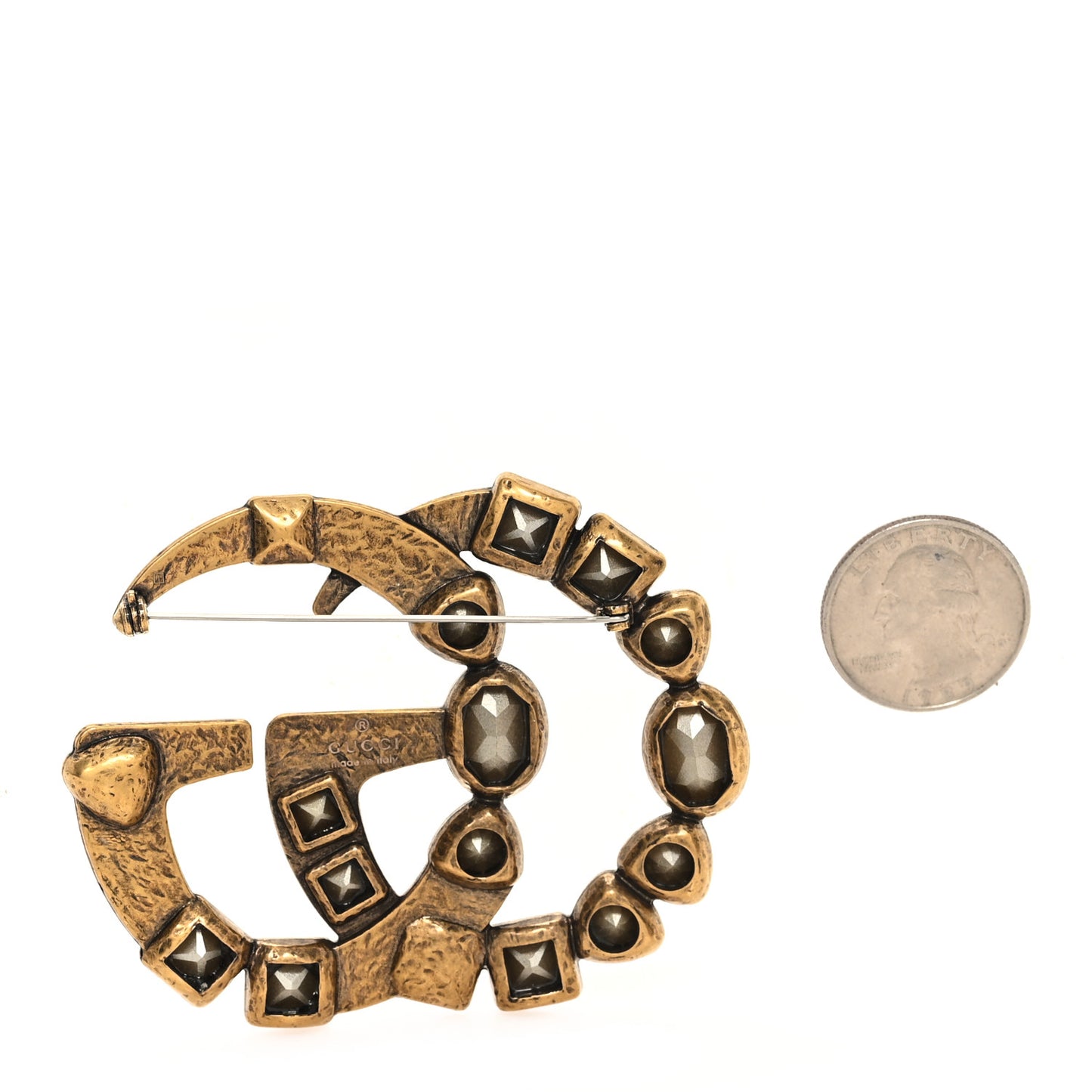 Metal Crystal Double G Brooch Aged Gold Multicolor