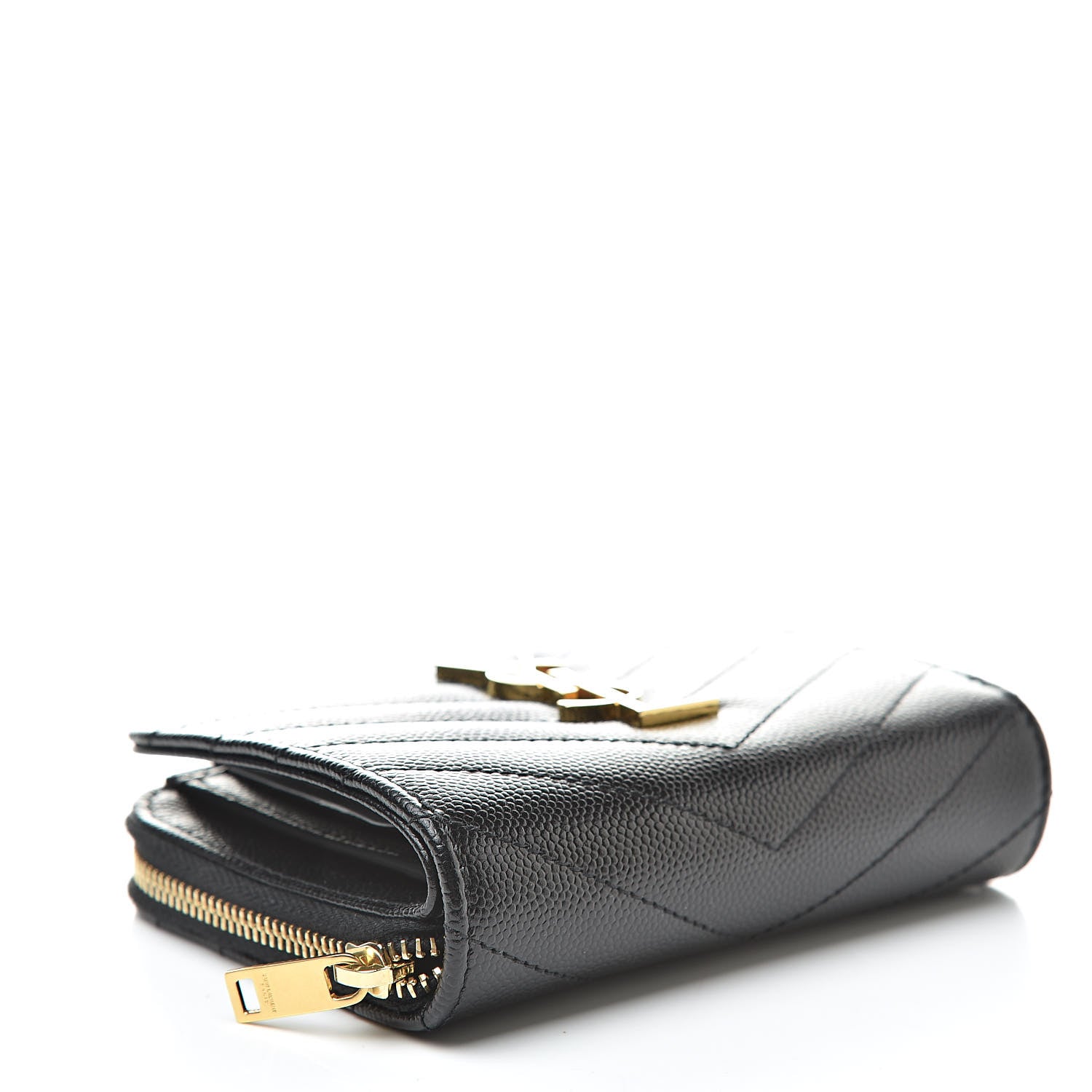 Saint Laurent Grain De Poudre Matelasse Chevron Monogram Compact Zip Around Wallet Black 4 of 9