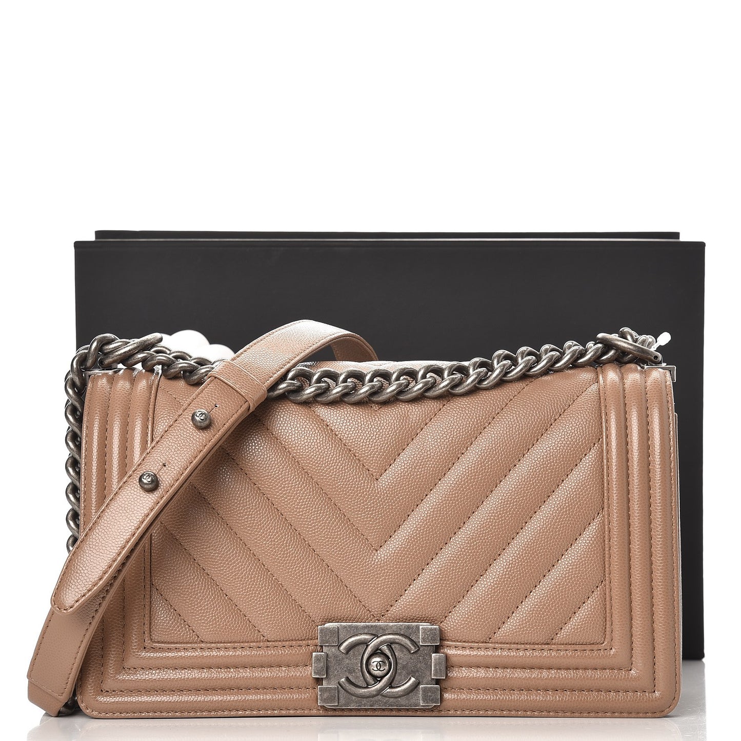 Caviar Chevron Quilted Medium Boy Flap Dark Beige