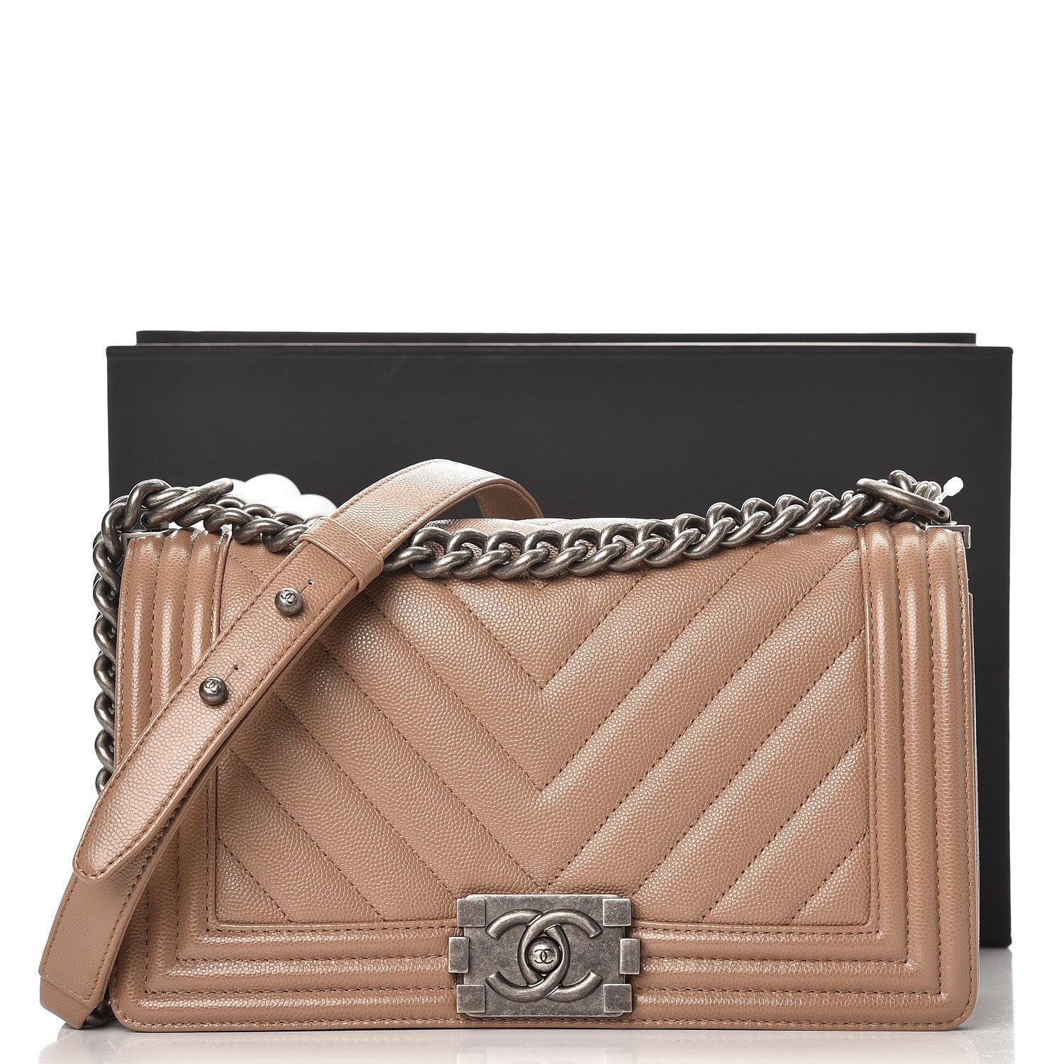 Chanel Caviar Chevron Quilted Medium Boy Flap Dark Beige 8 of 8