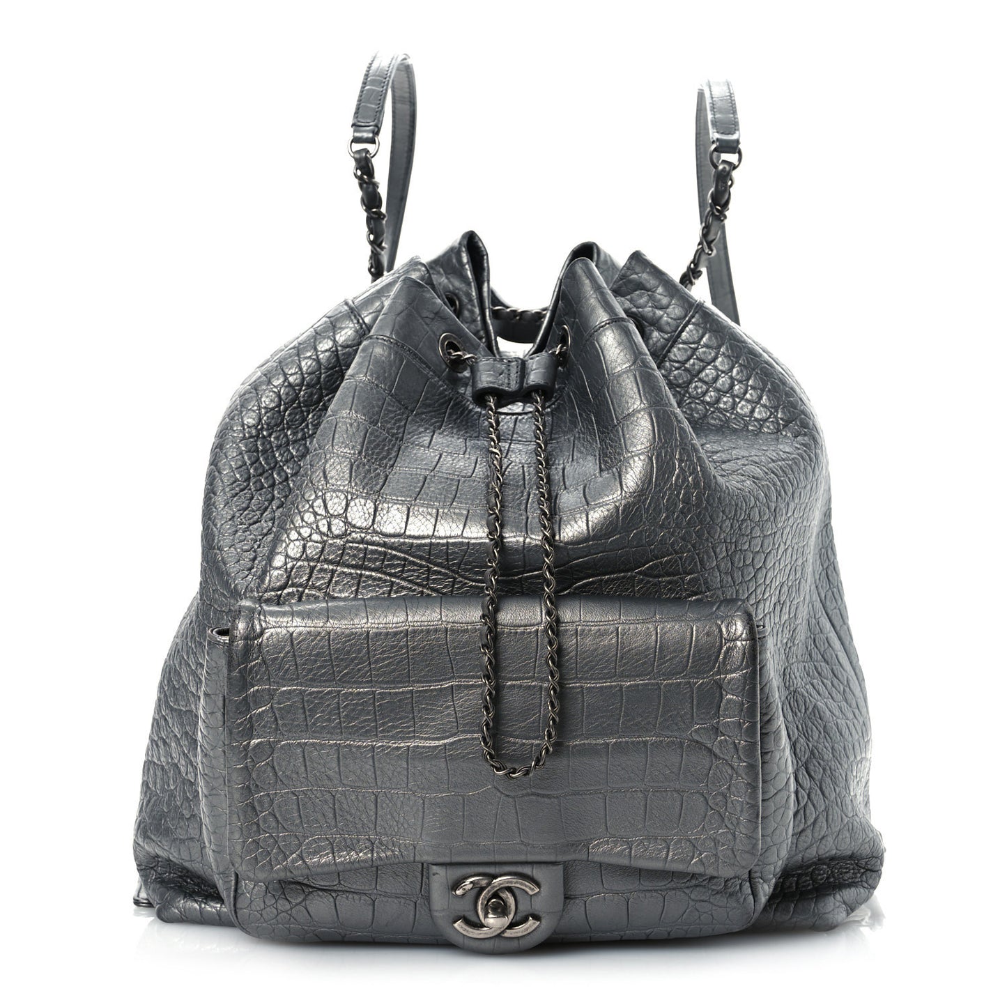 Metallic Calfskin Crocodile Embossed Large Backpack Silver