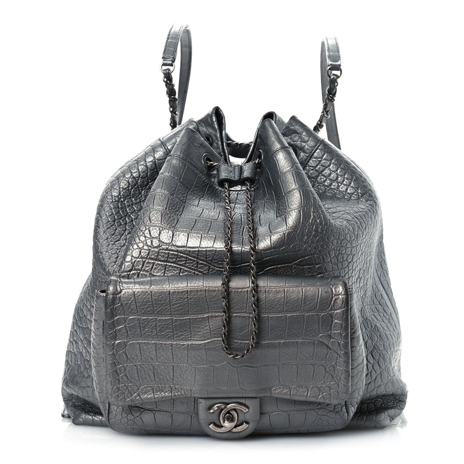 Chanel Metallic Calfskin Crocodile Embossed Large Backpack Silver 1 of 16