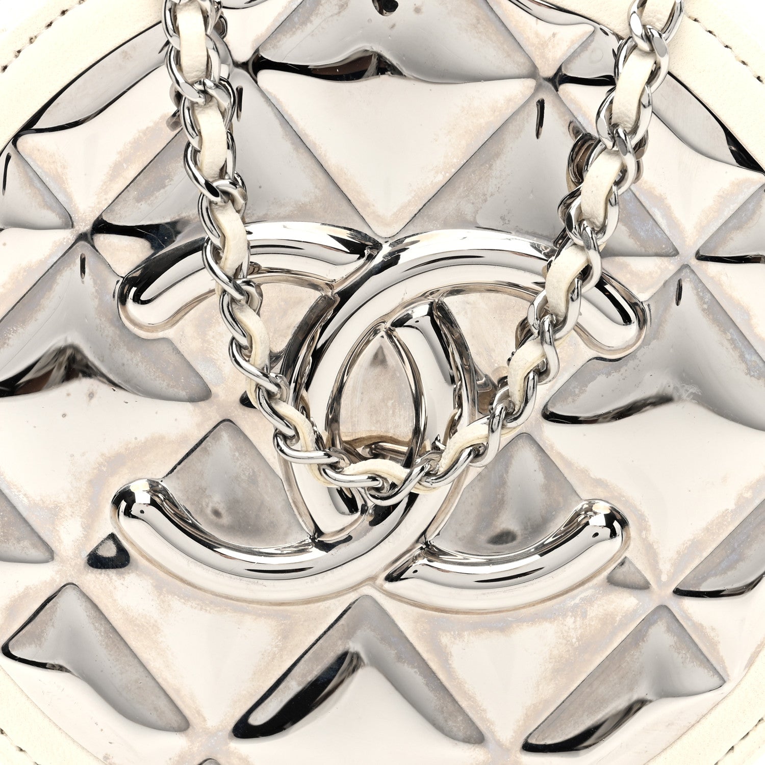 Chanel Lambskin Metal Quilted Round Clutch With Chain White Silver 8 of 10