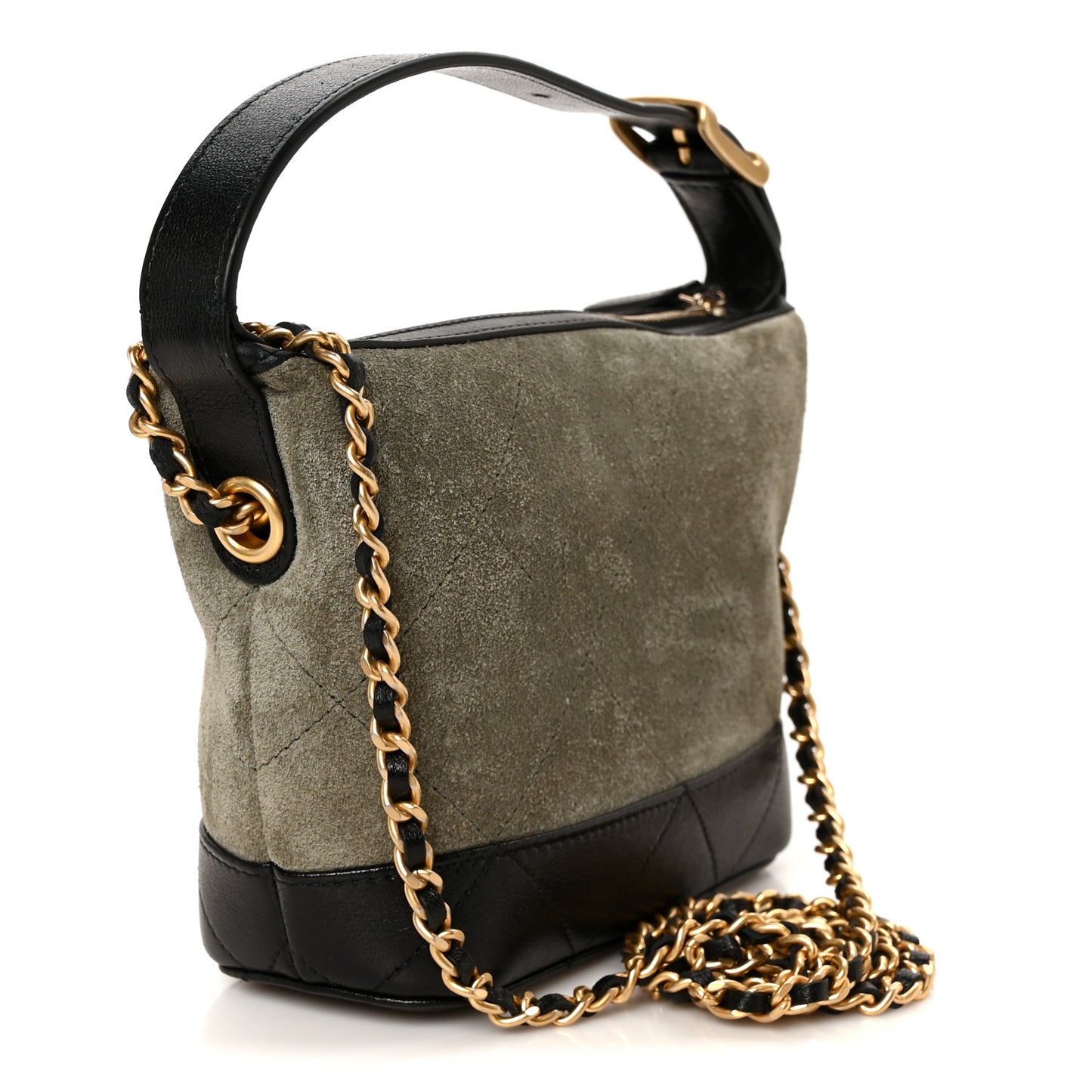 Suede Calfskin Shiny Lambskin Quilted Coco Base Hobo Clutch With Chain Khaki Black