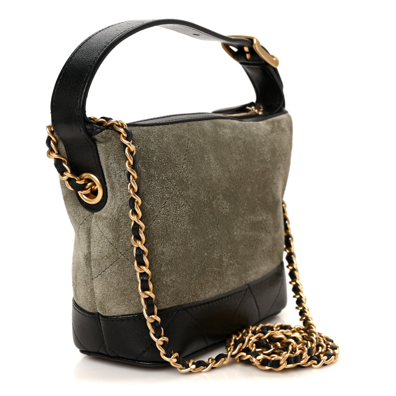 Chanel Suede Calfskin Shiny Lambskin Quilted Coco Base Hobo Clutch With Chain Khaki Black 3 of 11