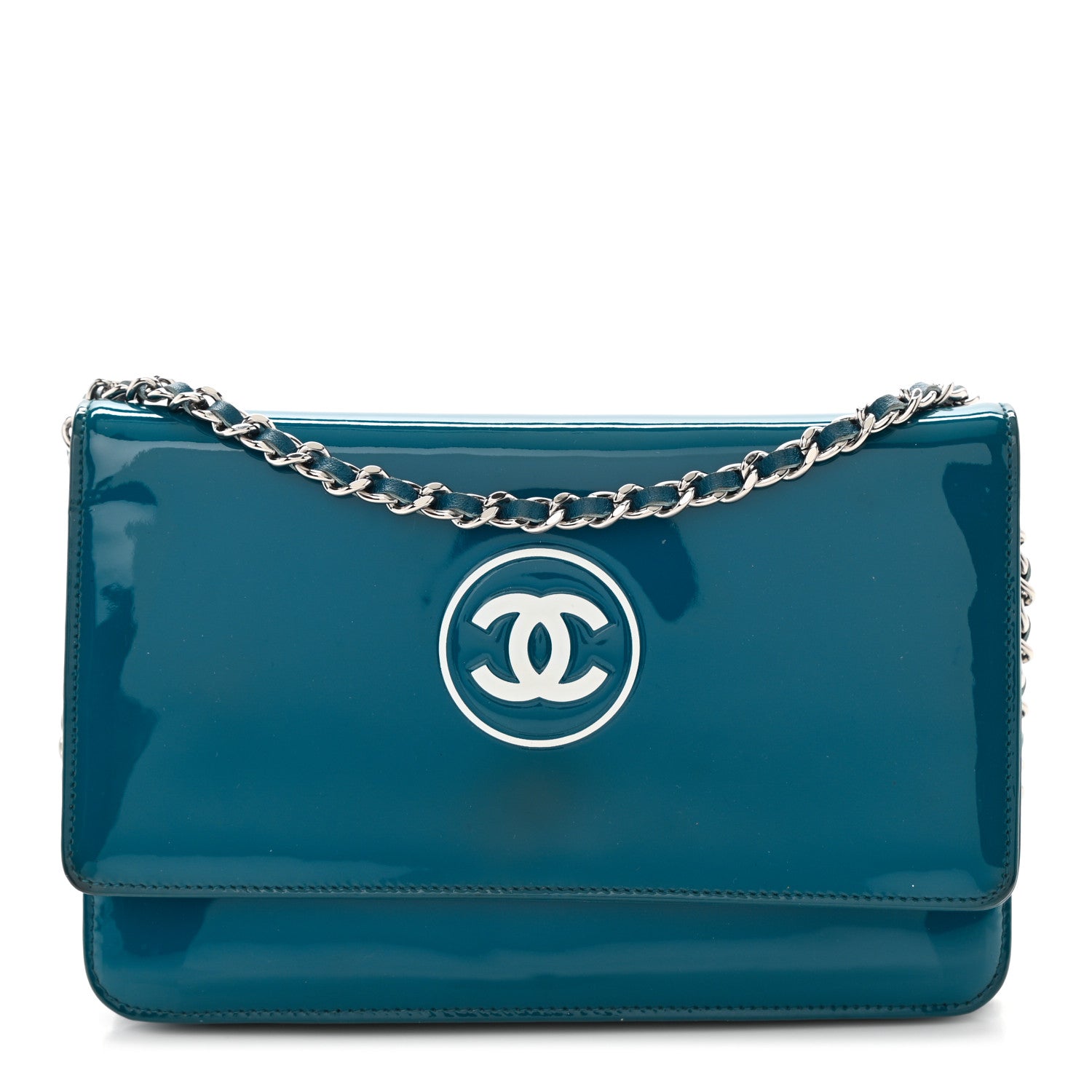 Chanel Patent CC Logo Wallet On Chain WOC Blue 1 of 11