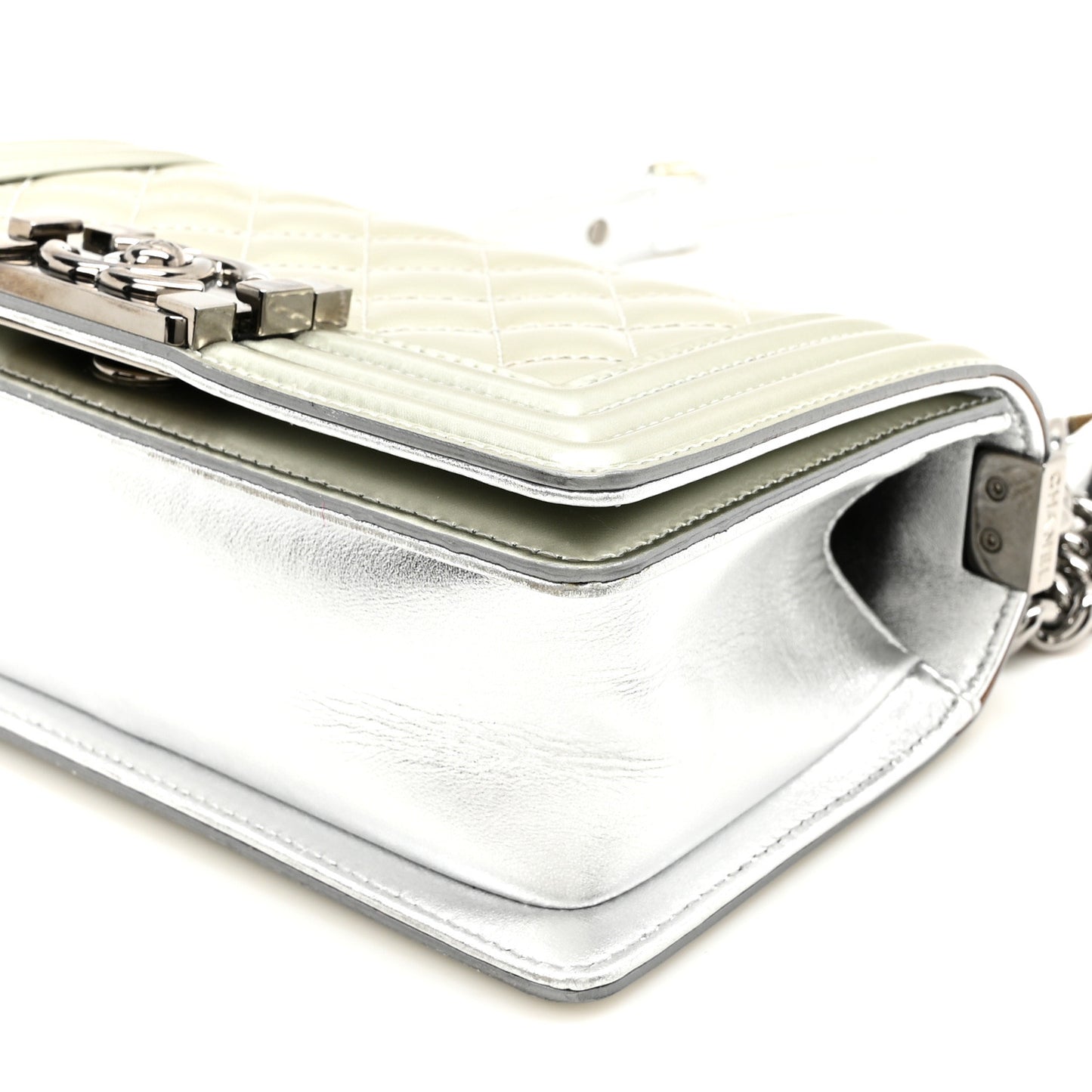 Metallic Patent Calfskin Quilted Small Boy Flap Silver