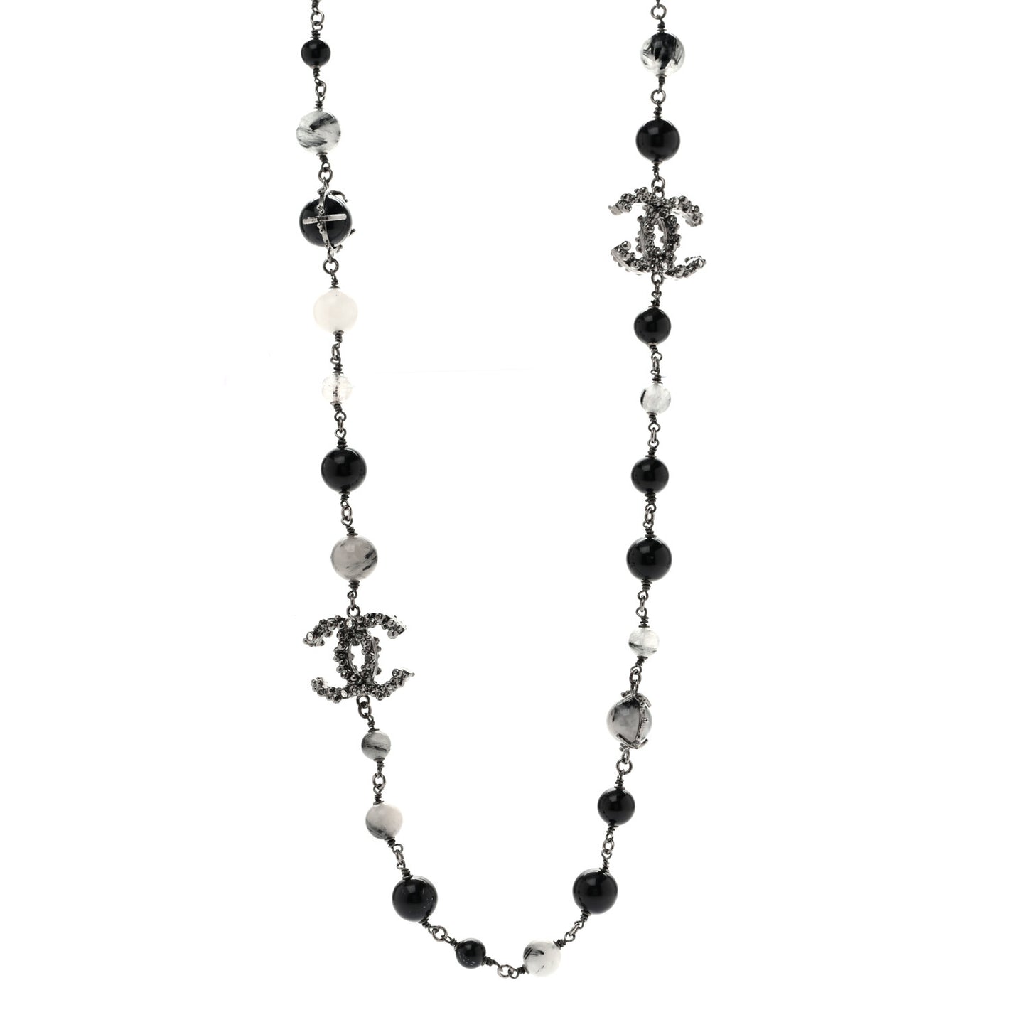 Crystal Bead CC Long Necklace Silver Black