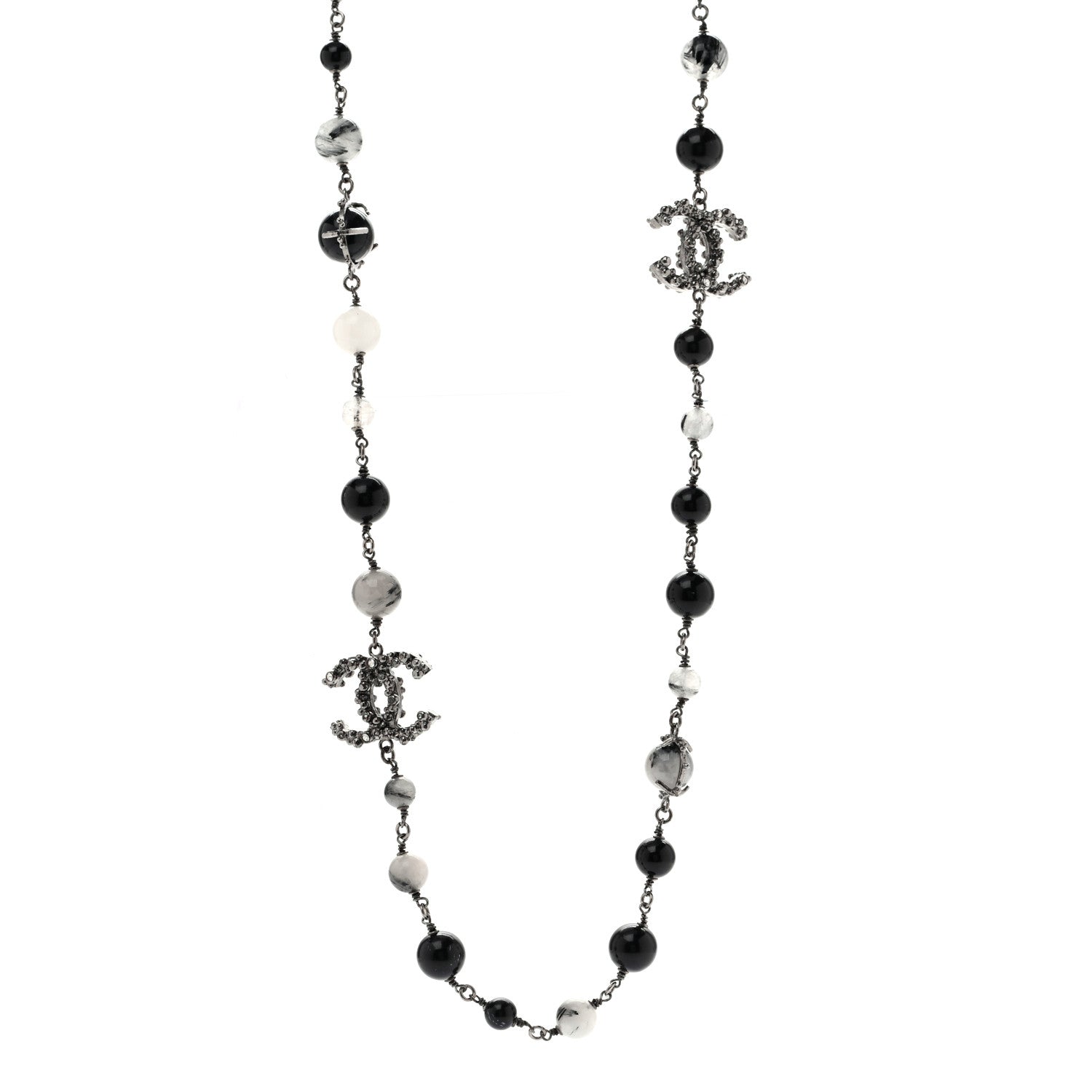Chanel Crystal Bead CC Long Necklace Silver Black 1 of 6