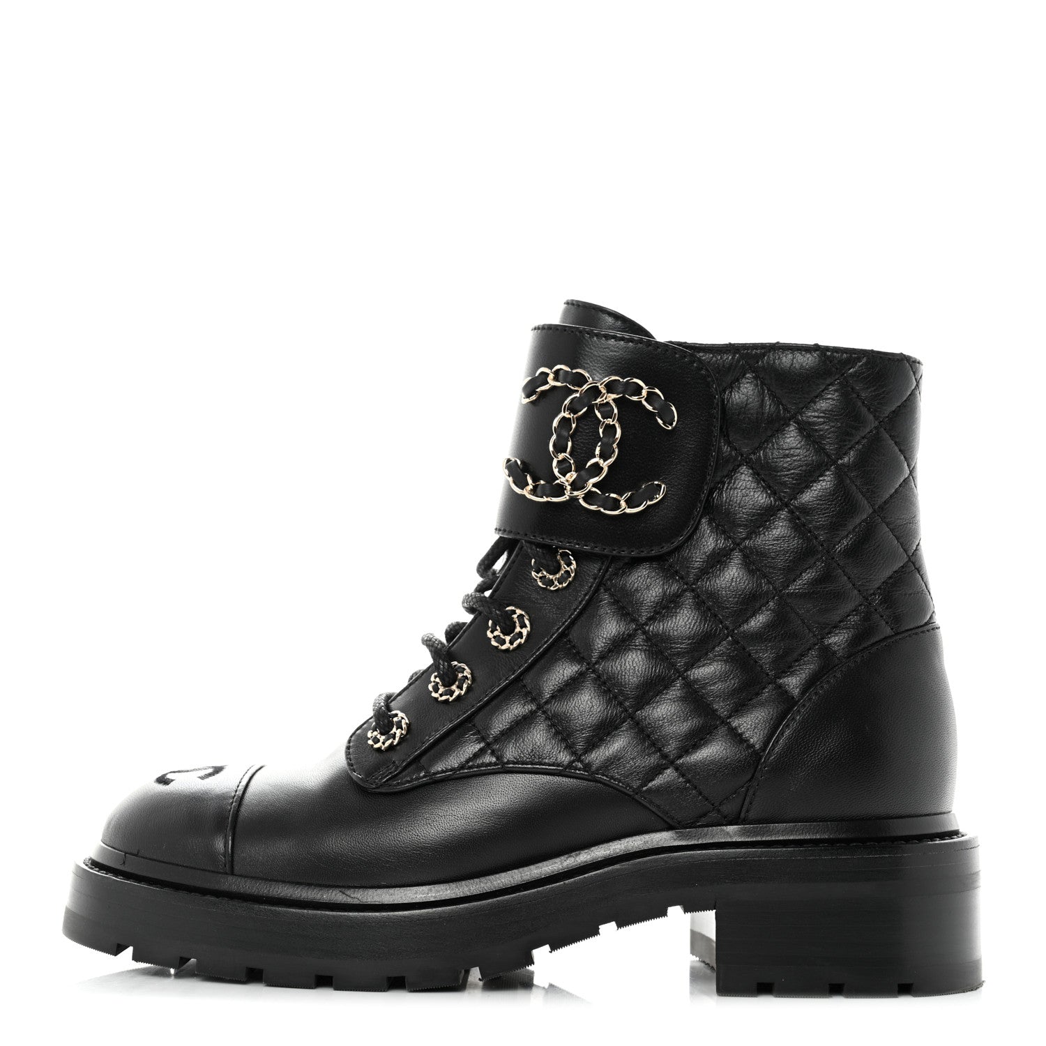 Chanel Shiny Calfskin Quilted Lace Up Combat Boots 36.5 Black 1 of 9
