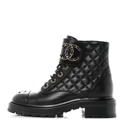 Chanel Shiny Calfskin Quilted Lace Up Combat Boots 36.5 Black 1 of 9