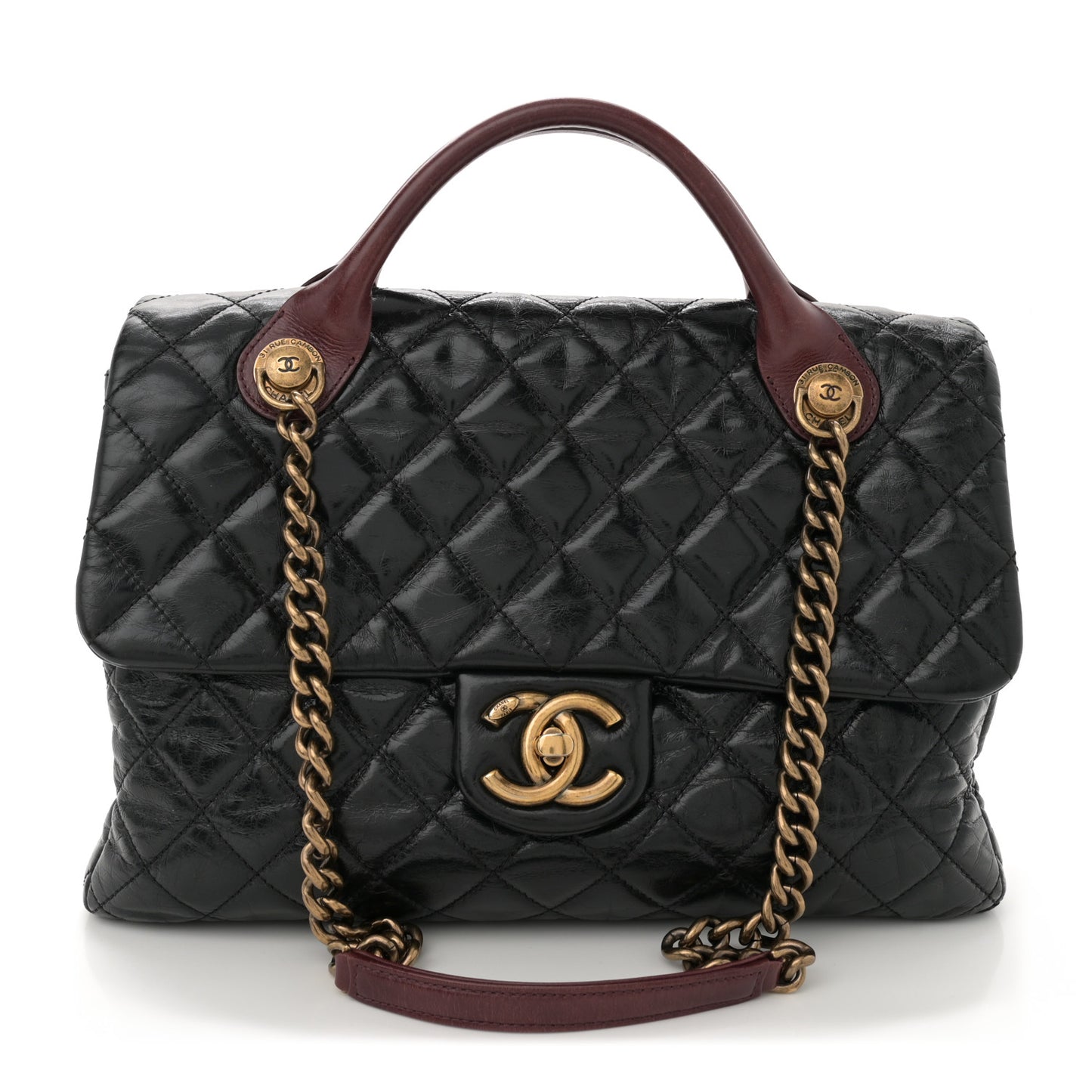 Glazed Calfskin Castle Rock Large Flap Black Burgundy